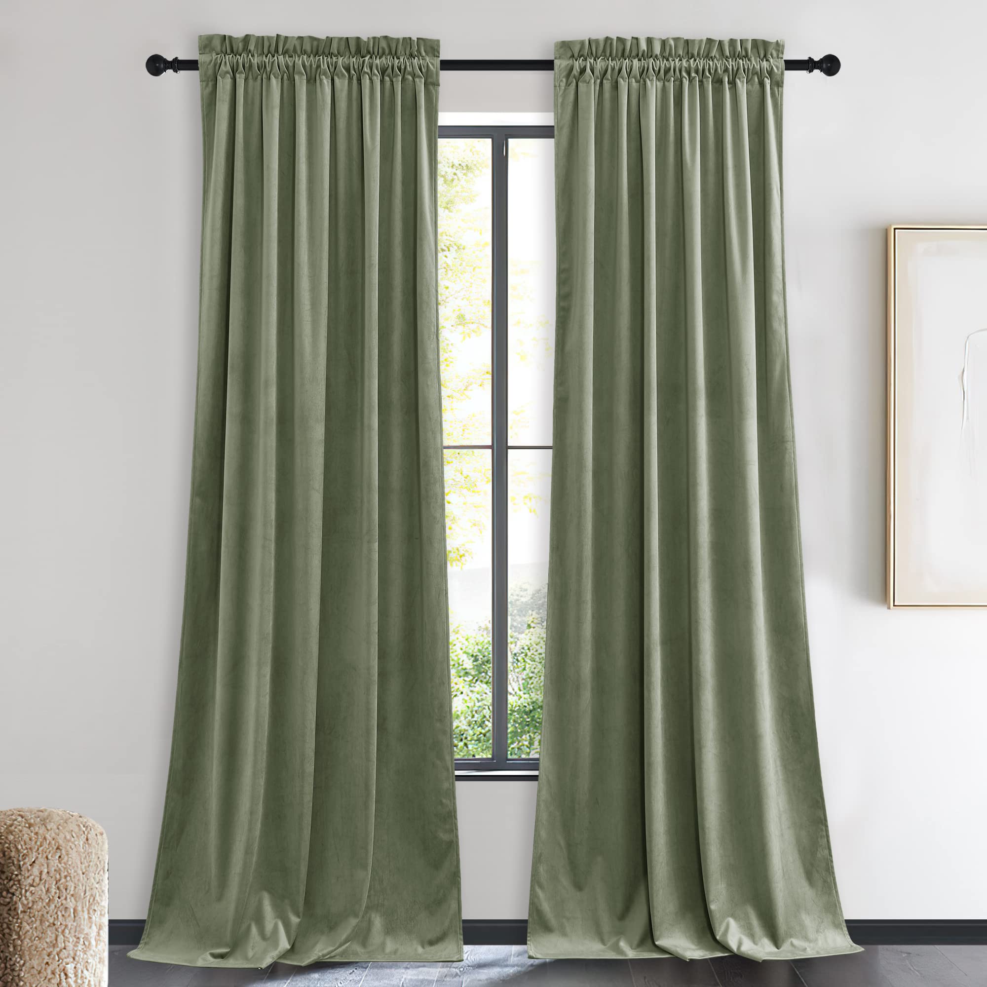 NICETOWN Sage Green Velvet Curtains 90 inches Long 2 Panels, Elegant and Sleek Velvet Drapes for Cinema, Hall, Theatre (42-inch Wide)