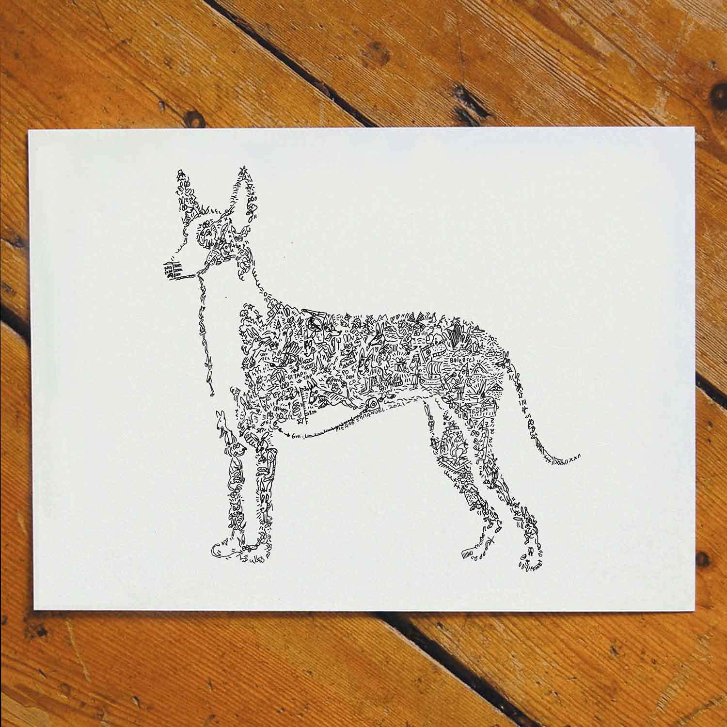 Poster du Podenco d'ibiza - Affiche chien de garenne des Baléares - Stencil bande dessinée - dessin biographie dans la silouhette - Handmade Graffiti Street Art Charnegue Charnegui (50x70cm)