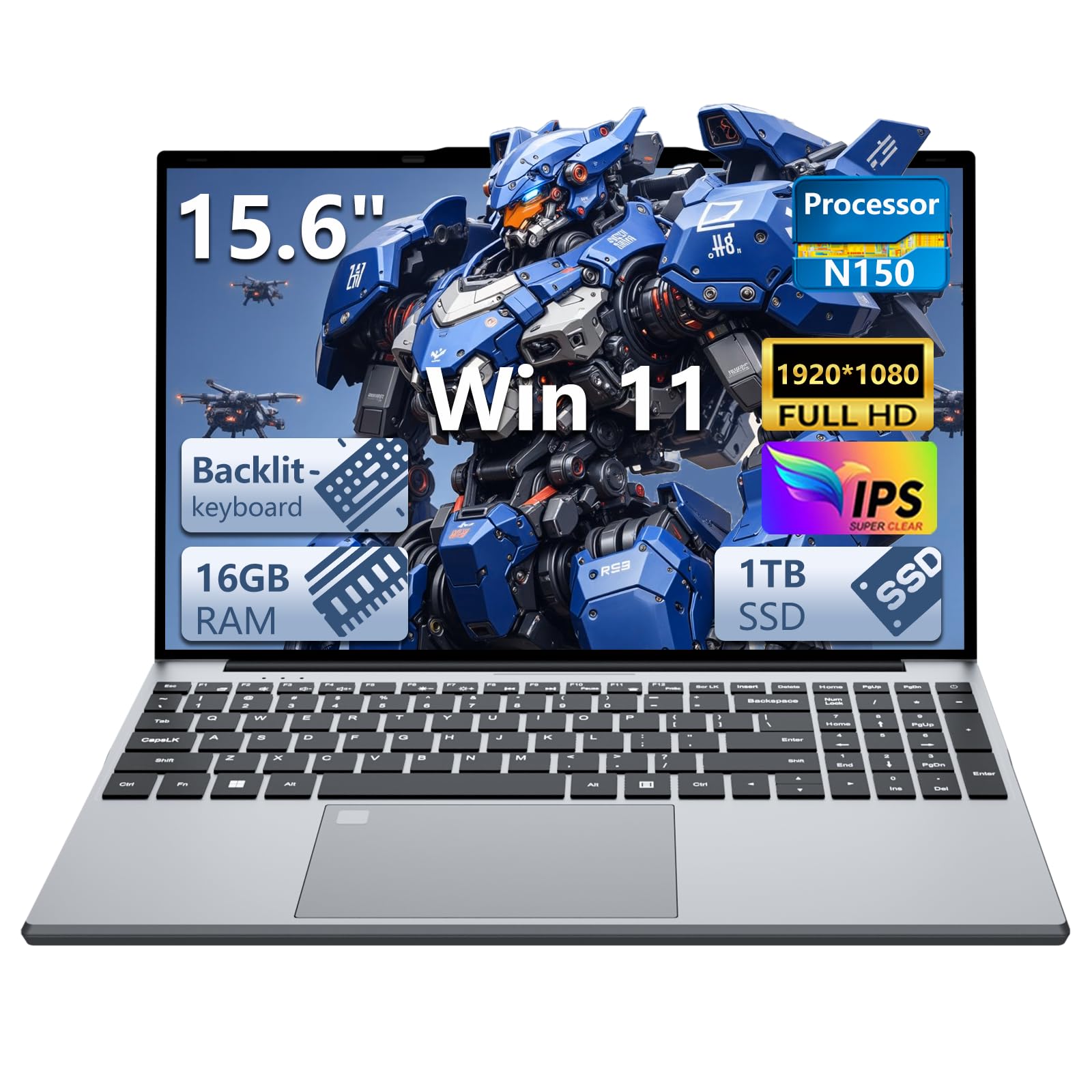 Ordinateur Portable 15,6 Pouces avec Celeron N150 CPU, Win 11 PC Portable 16Go RAM DDR4 1To SSD, Laptop 1080P Écran Clavier Rétroéclairé/Déverrouillage Empreinte Digitale WiFi5 HDMI USB3.0 BT4.2