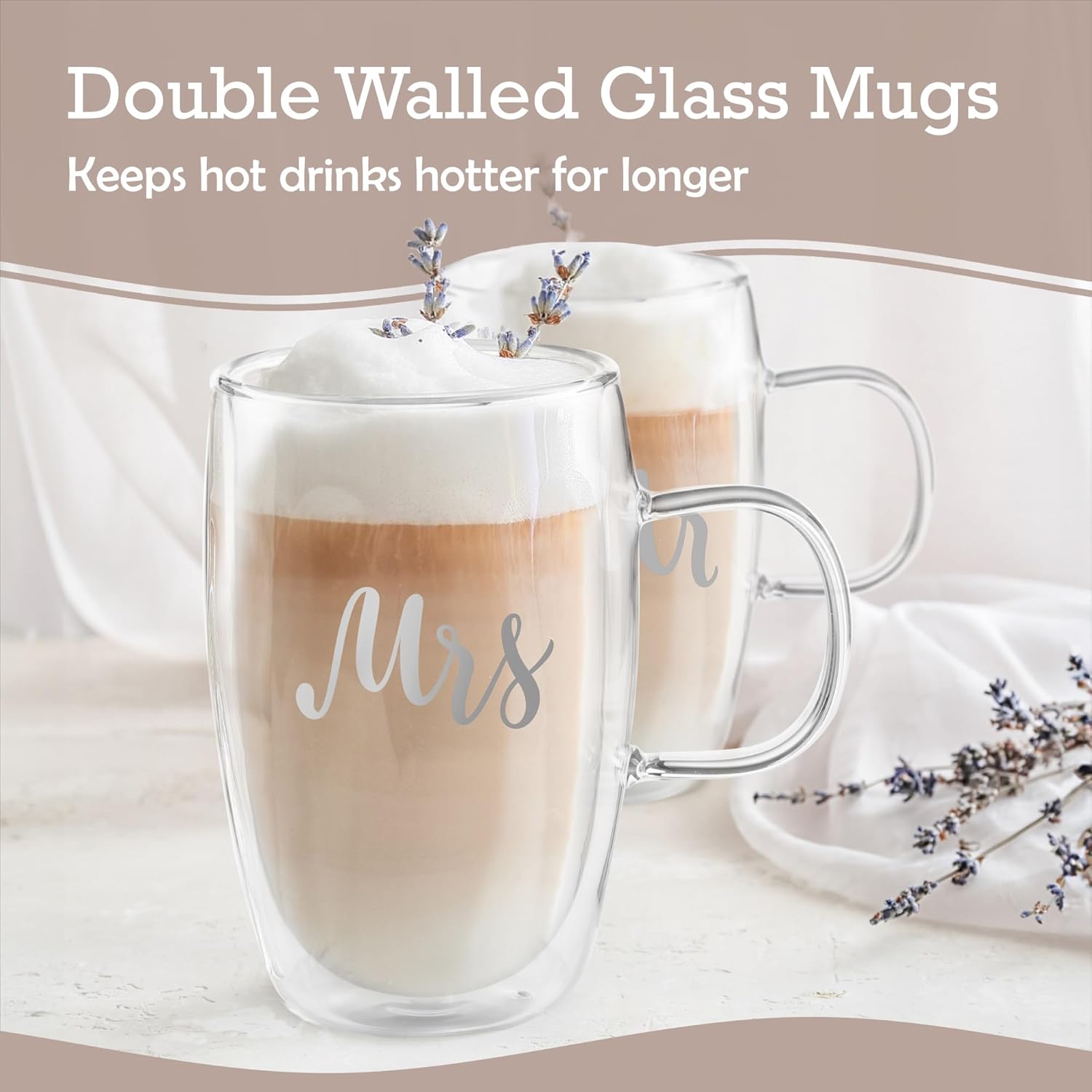 Muldale Mr and Mrs Coffee Mugs Set - 14.5 oz Double Walled Glasses - His and Hers Clear Insulated Latte Cups - Anniversary, Wedding and Valentines Gifts for Newlyweds and Couples