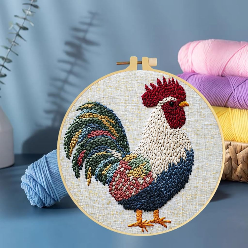 Punch Needle Kits A Rooster Embroidery Starter Set with Hoop Easy for Beginners DIY Stress Relief Handmade Craft Hobby and Home Decor 20x20cm-3