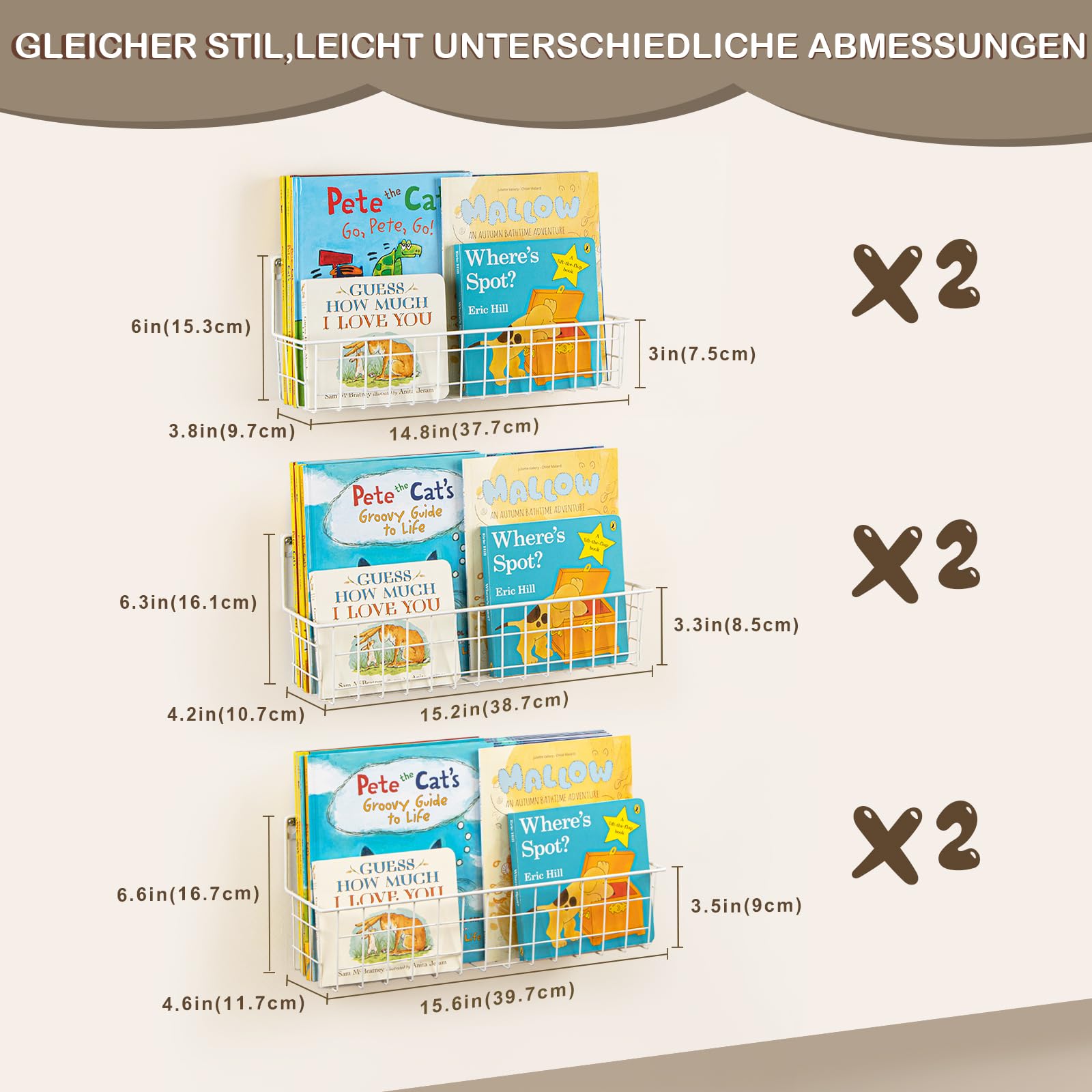 PUERSI 6er-Set Bücherregal Kinder Wand, Metall Wandregal Bücher, Hängend Regal für Kinderzimmer Aufbewahrung von Bilderbüchern für Baby, Mädchen und Jungen, Weiß