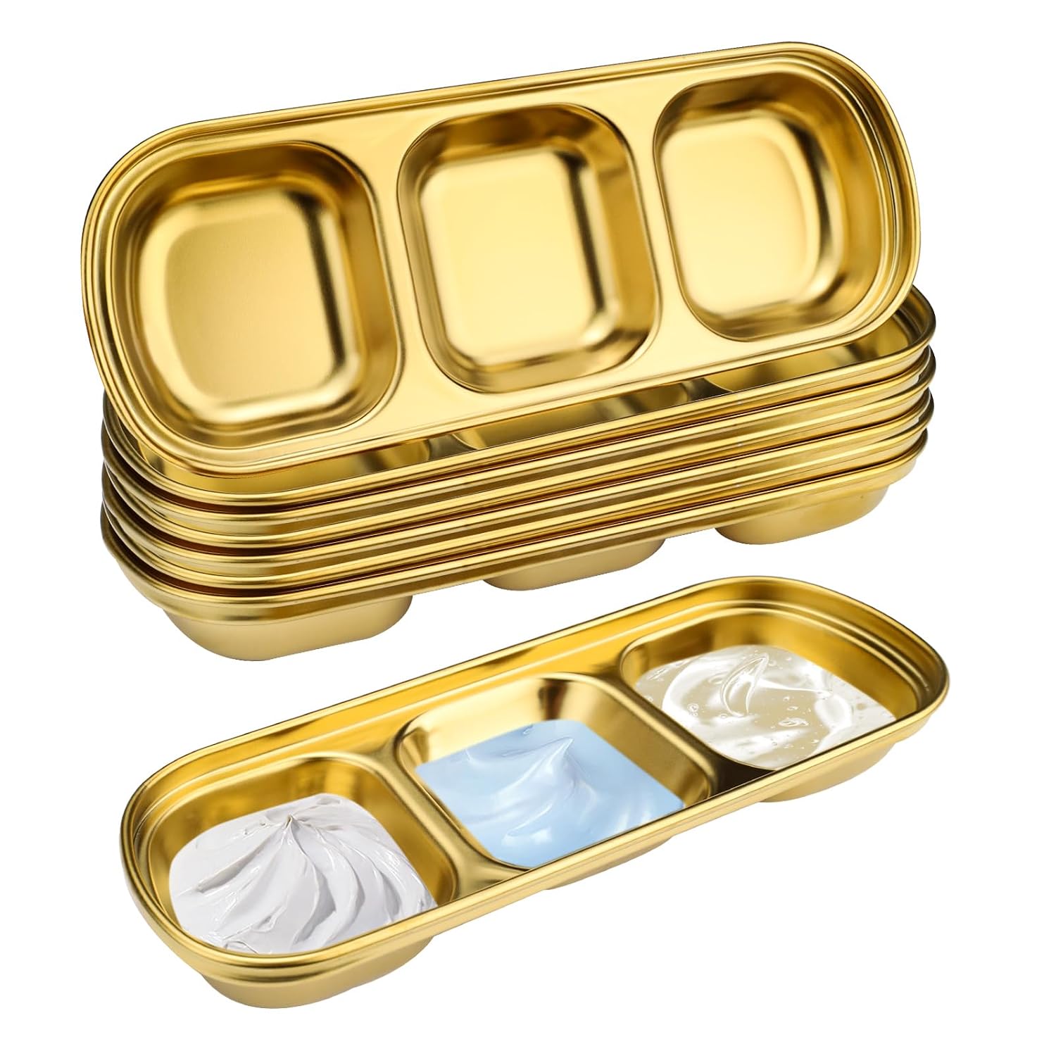 8PCS 3-Compartment Esthetician Bowls, 8.11×3.15×0.94in/20.6×8×2.4cm Thickened Stainless Steel Facial Skincare Tray, Non-Slip Multi-Use Serving Trays for Home Beauty, Sauce, Snack & Jewelry Storage
