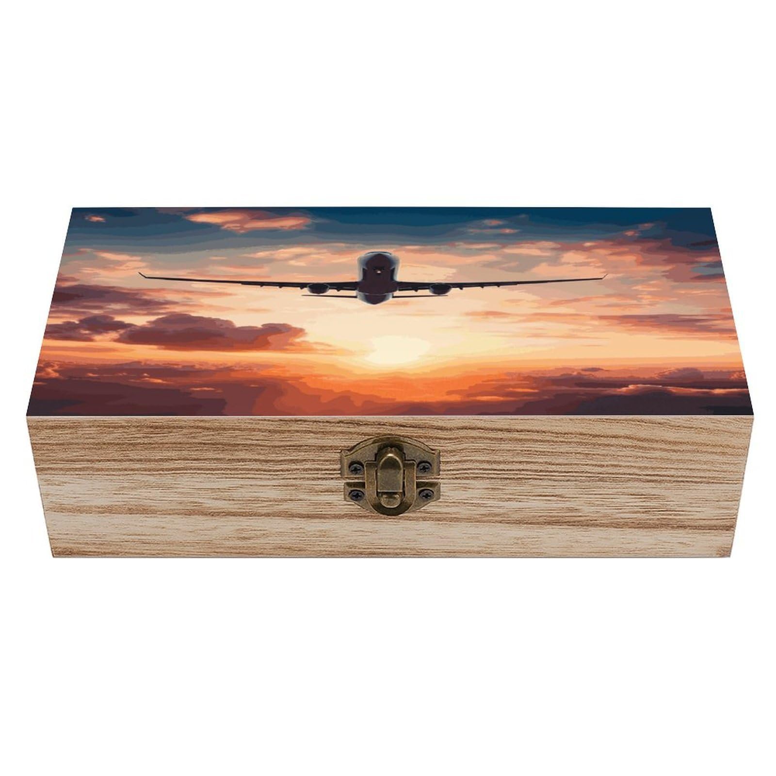 VstaDank Airplane Sunset Sky Wooden Storage Box Wooden Keepsake Box with A Hinged Lid Fashion Memory Treasure Boxes Decorative Jewelry Case for Crafts Photo Home Decor Wood Gift Box