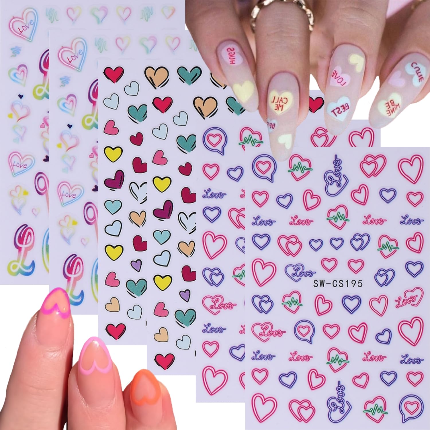 6Sheets Heart Nail Sticker for Nail Art - 3D Self-Adhesive Valentine's Day Design - Cute Decals and Supplies for Women
