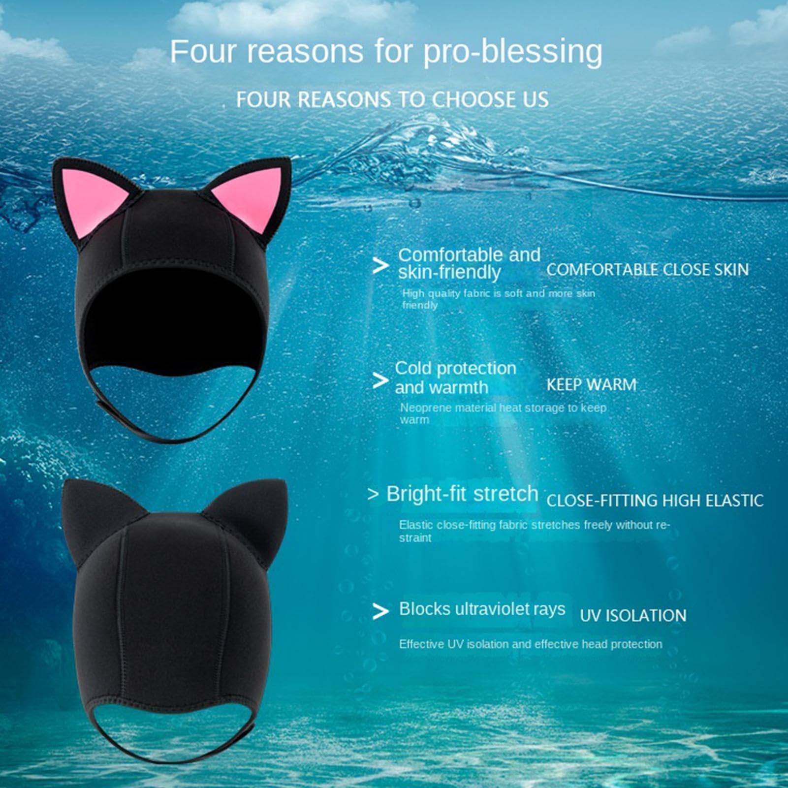 Generico Cappuccio in Neoprene Copricapo Termico per Nuoto | con Orecchie da Gatto in Neoprene per Snorkeling, Surf, Vela, Kayak, Sport Acquatici, Donne