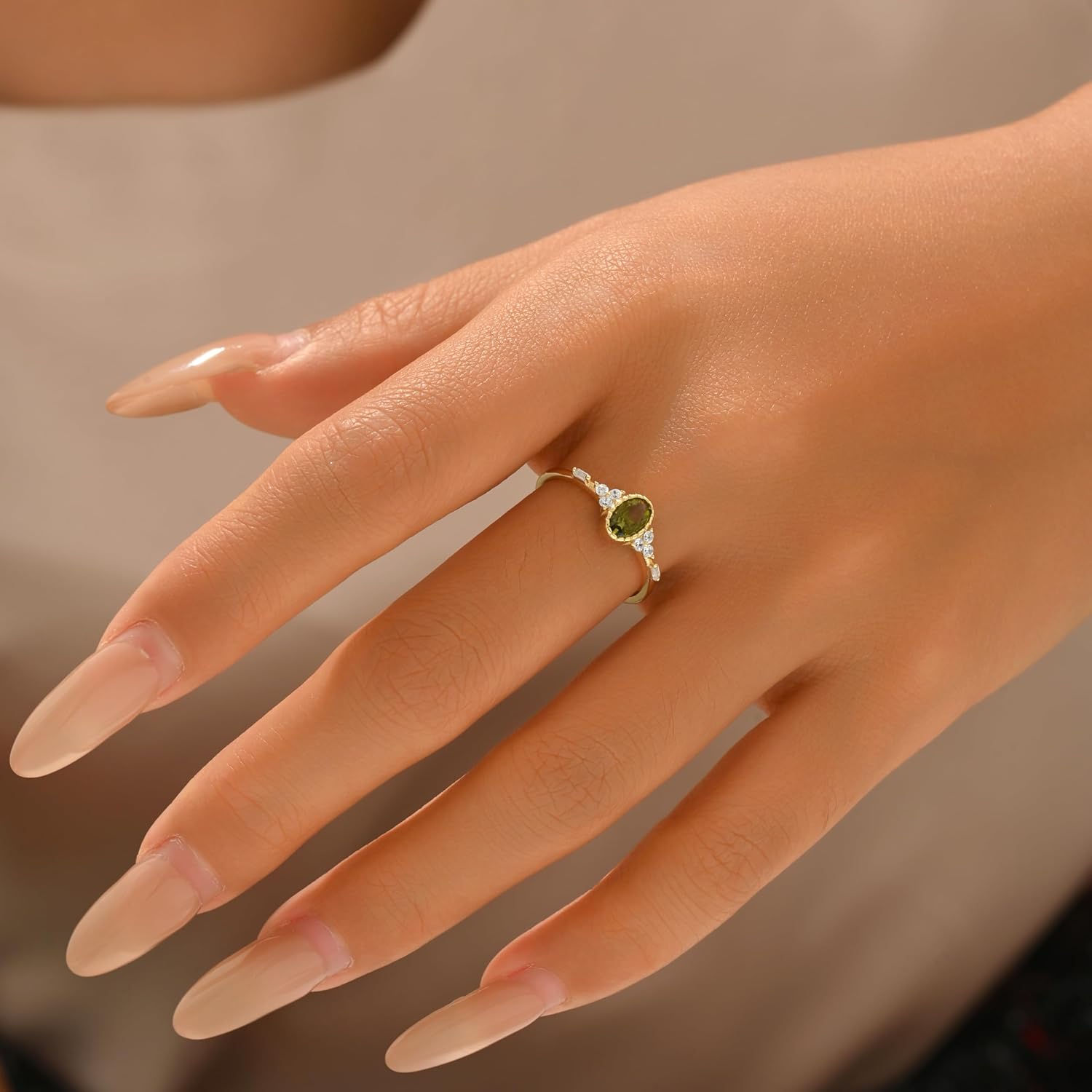 Halo Eternity Band Ring for Women 925 Sterling Silver Oval Peridot Crystal Birthstone Stackable Rings 14k Plated Olivine Cubic Zirconia Engagement Ring for Her Bride Wedding Valentine's Day Jewelry Gift - Image 4