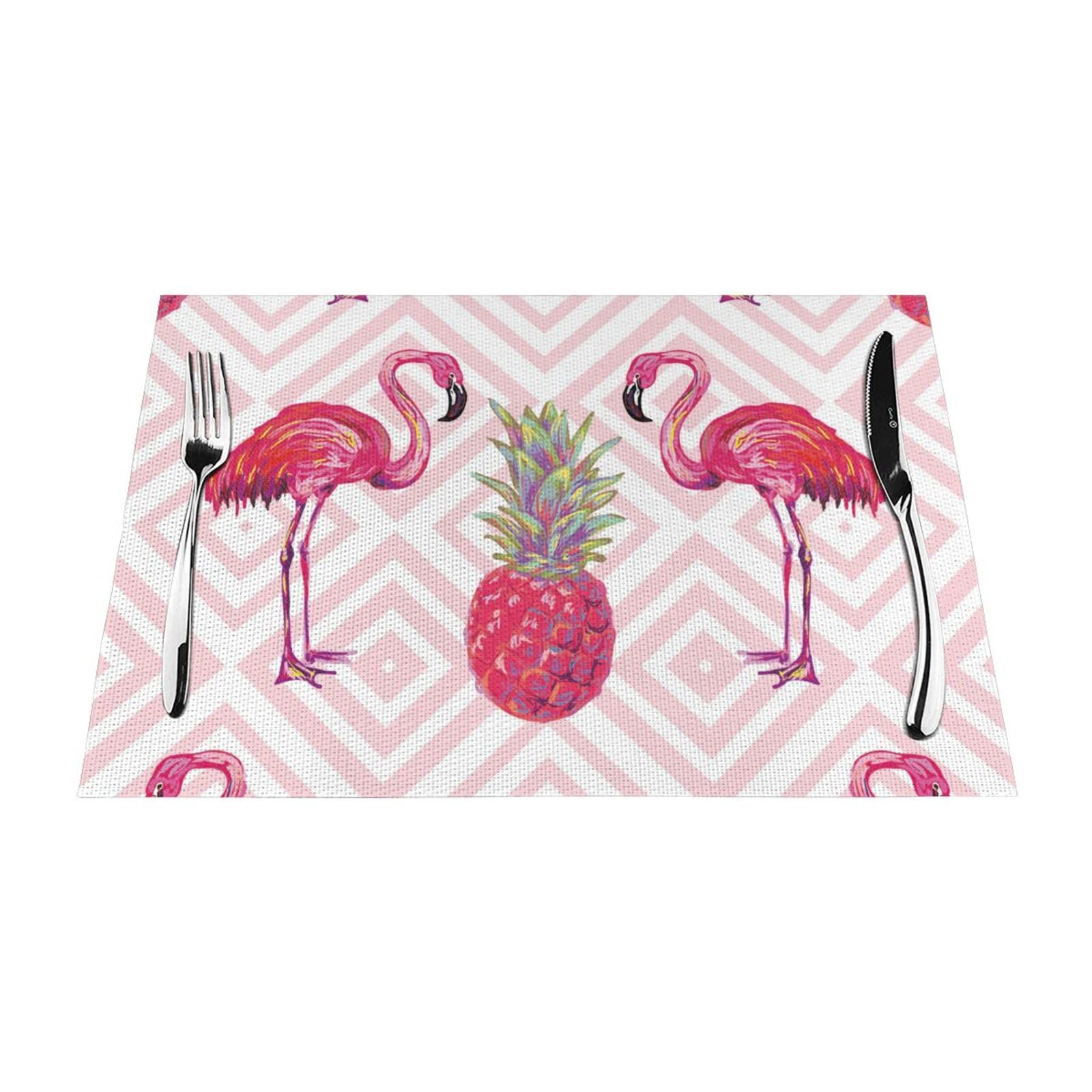 PVC Placemat Set of 4 PCS, 45x30 CM, Pink Flamingo Pineapple Printed Non-Slip Heat Resistant Place Mats for Kitchen Dining Table Indoor Outdoor