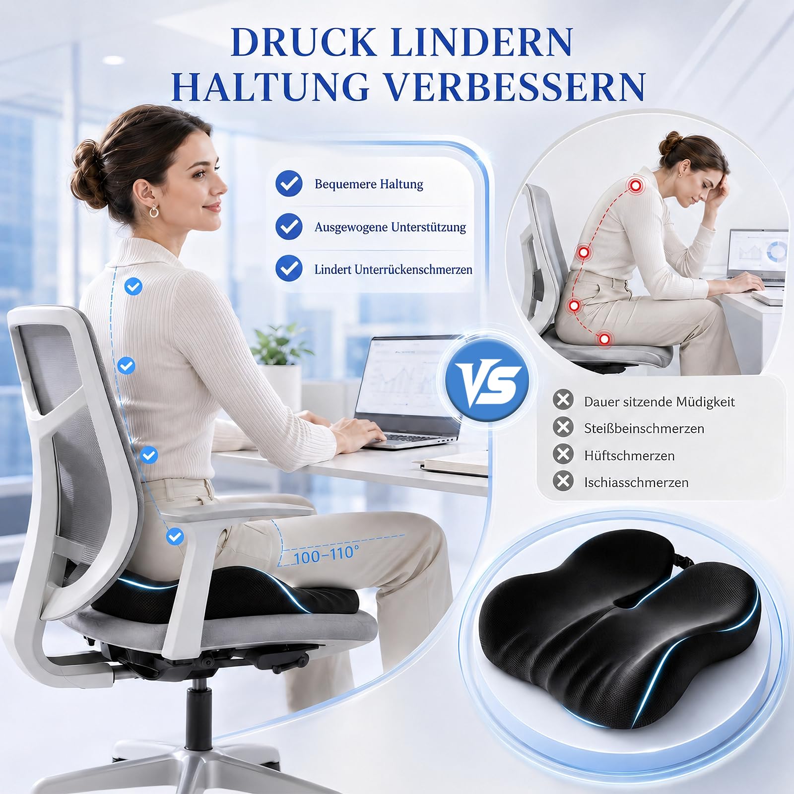 Cuscino ortopedico in memory foam, cuscino ergonomico per emorroidi, per auto, sedia a rotelle, ufficio, per alleviare il dolore al coccige, nero