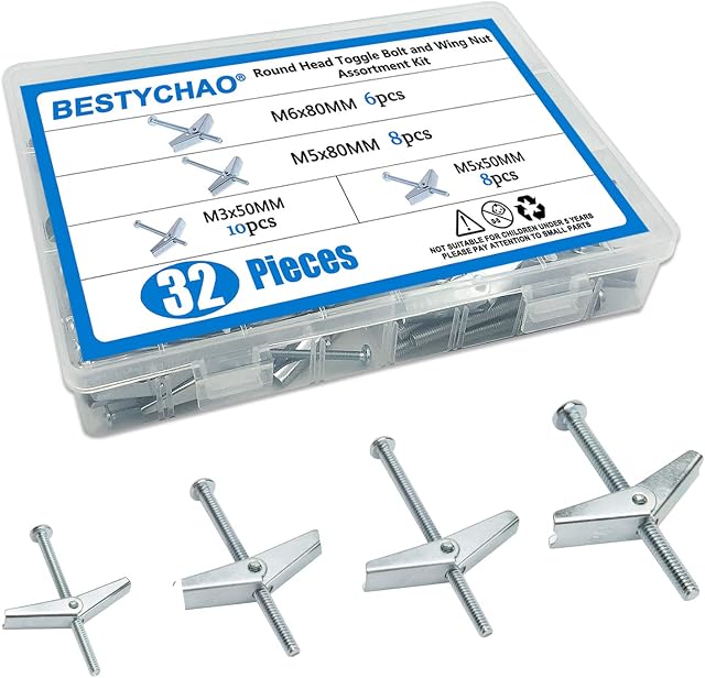 BESTYCHAO 32pcs 4 Sizes Wing Spring Toggle Bolt with Screws Assortment Kit M3 M5 M6 for Plasterboard Hollow Wall Fixings