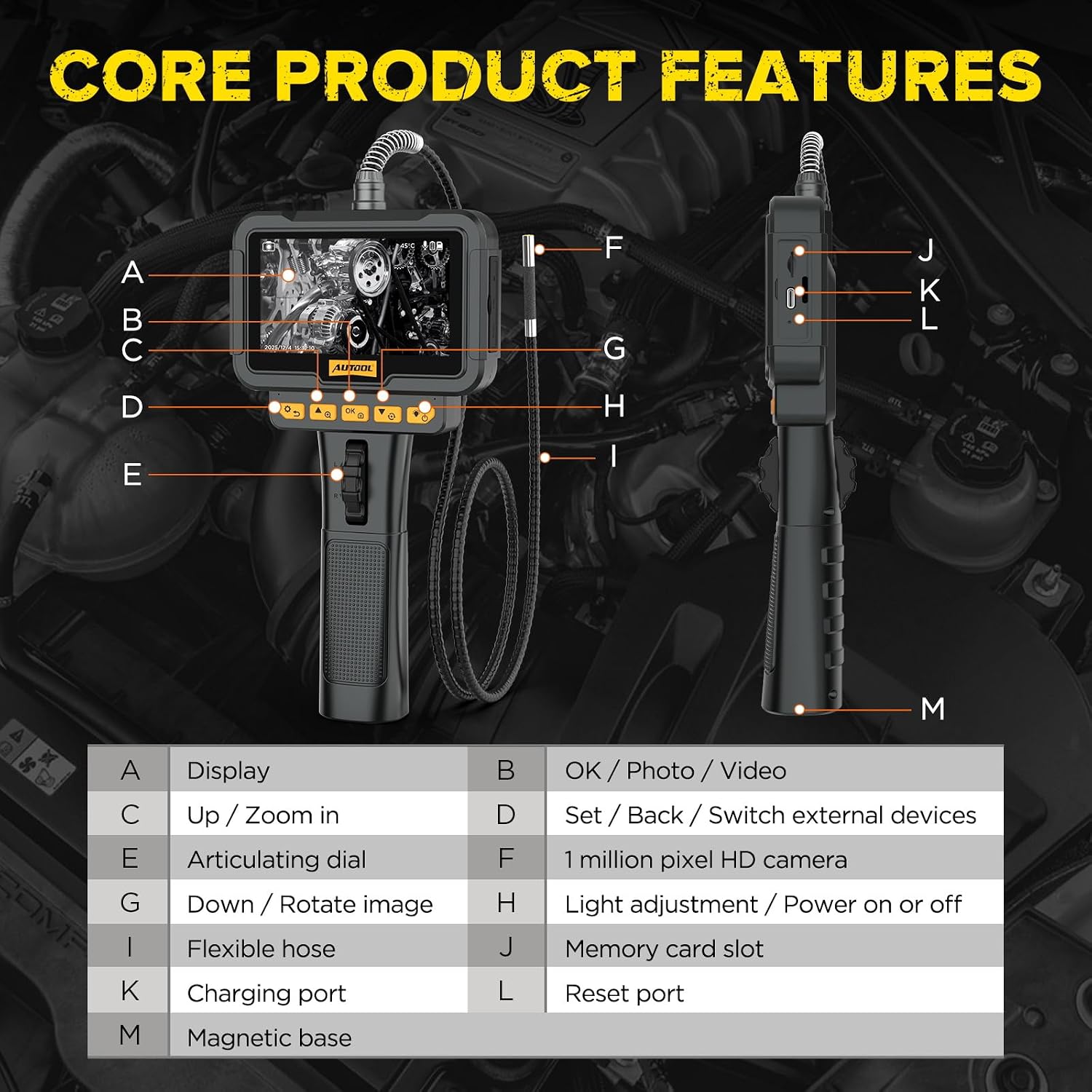 Diagram of AUTOOL SVB208 borescope with labeled parts A through M