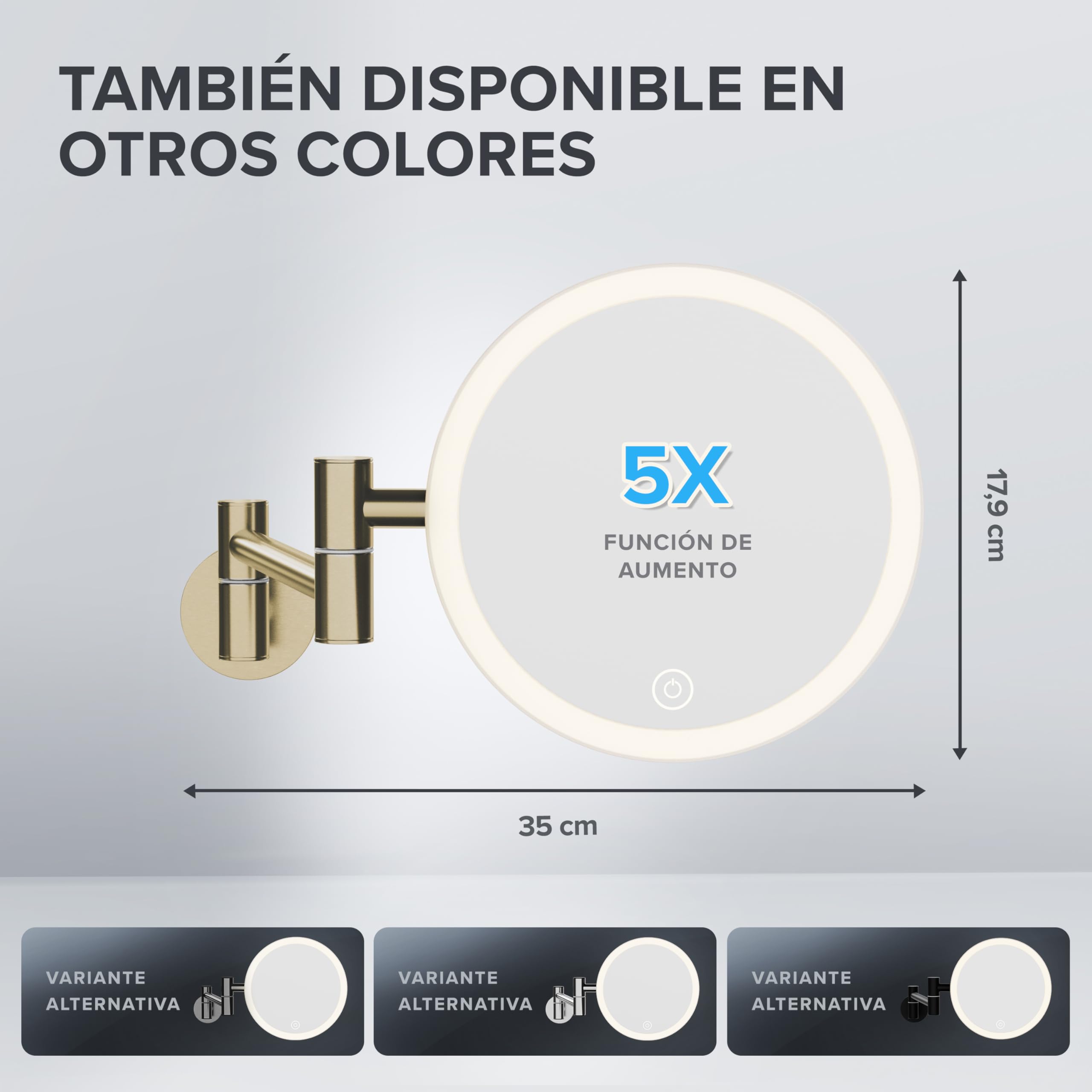 ovimar Espejo de Aumento Blavand Oro | con iluminación | Recargable | Montaje en Pared para taladrar | en el baño | Espejo de Aumento 5X | Espejo de Maquillaje con luz | Espejo de 360 ​​​​Grados