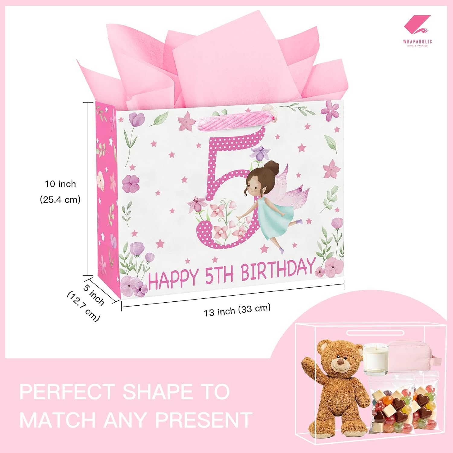 WRAPAHOLIC 13" Large Fairy 5th Birthday Gift Bag with Tissue Paper - Pink Flower Fairy Paper Bags for Five Year Old Girls Birthday Party image 2