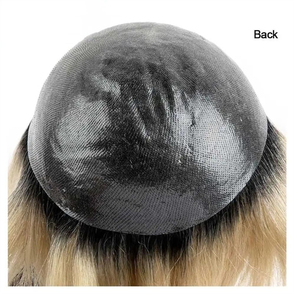 Tupecik męski Peruka z włosów ludzkich dla mężczyzn, ombre blonde czarnymi korzeniami, męska proteza 0,08 mm, PU, ​​wiązana skóra, peruka, indyjski system prostych Remy Treski(8x10)