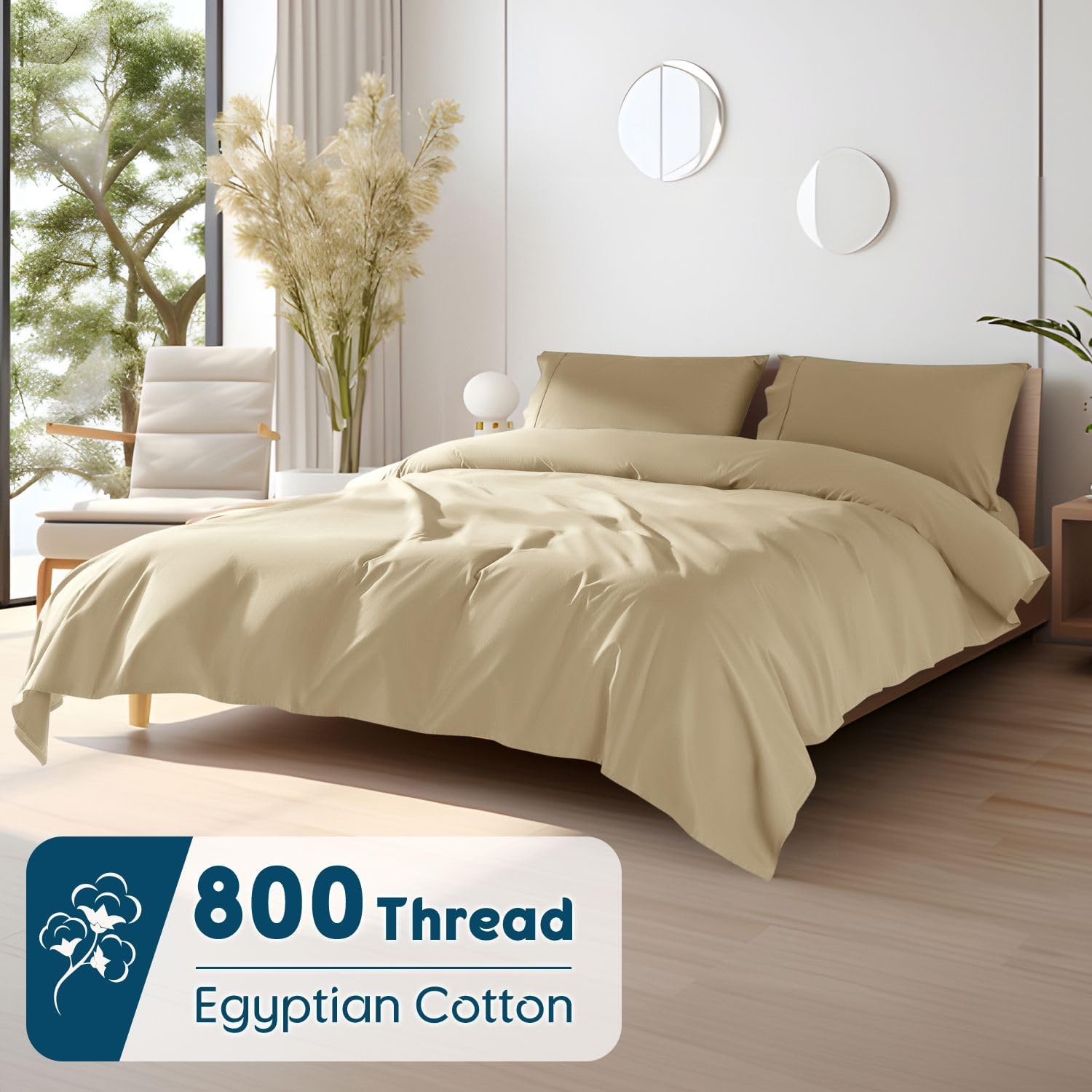 SONORO KATE 100% Egyptian Cotton Sheets - 800 Thread Count, 5-Star Hotel Sateen Weave Bed Sheets, Cooling, Soft & Breathable Bed Sheets Set, Fits 16" Deep Pocket - 4 PC (Beige,Queen)
