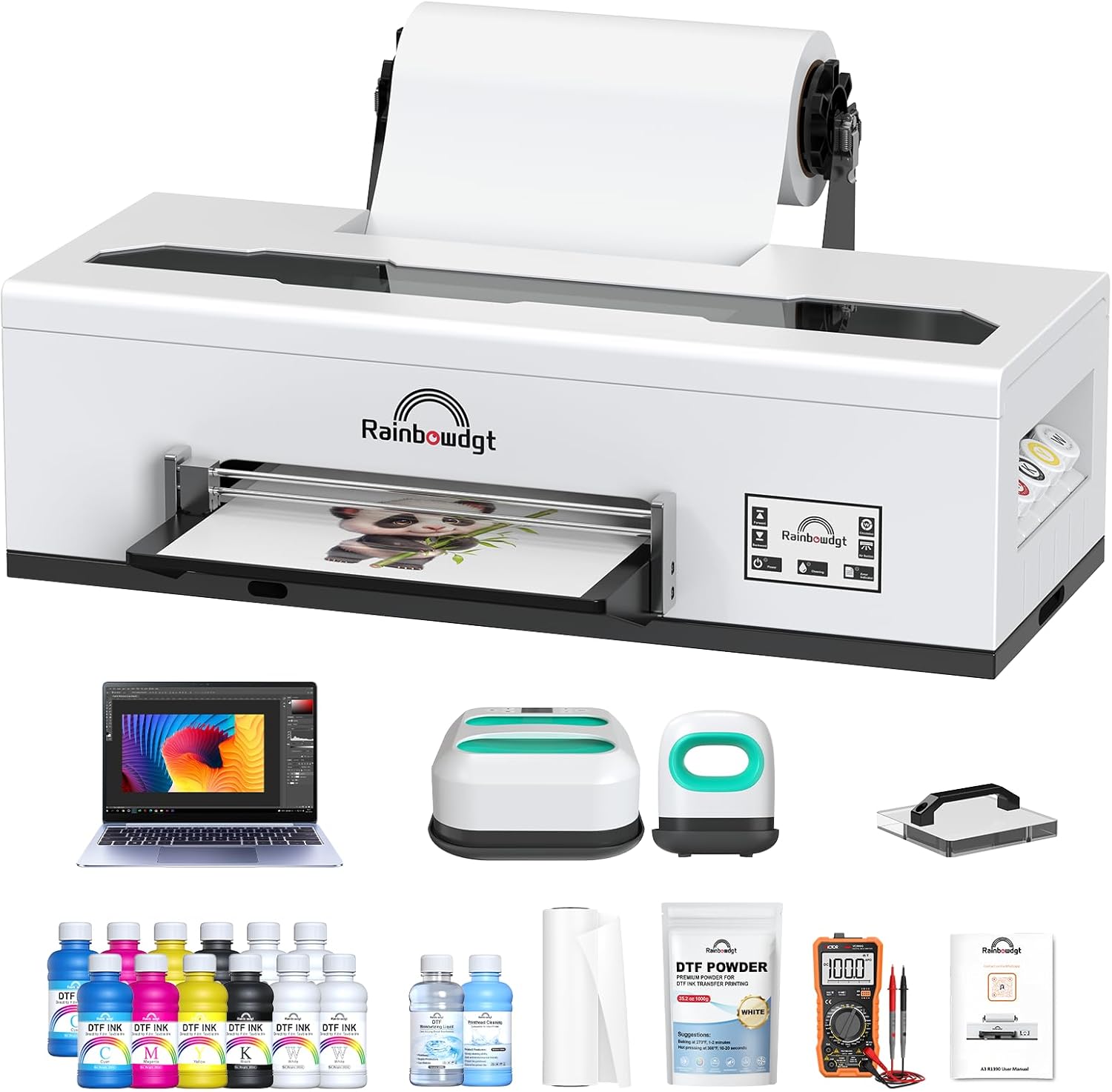 RAINBOWDGT R1390 DTF Printer, A3 T-Shirt Printing Machine with Heat Press and Laptop Bundle, 13" DTF Apparel Printer, Direct to Film Heat Transfer, Suitable for Cotton, Denim, Canvas