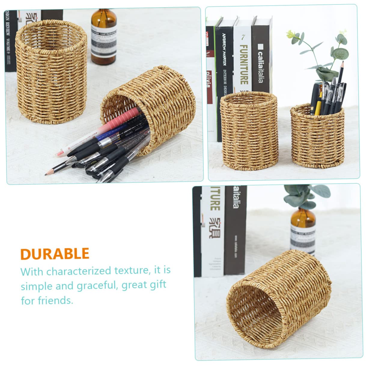 Operitacx 3pièces Porte-stylo Rond Rotin Tressé Organiseur De Bureau Créatif Pot à Crayons Pour Rangement De Bureau Maquillage Décoration Artisanale