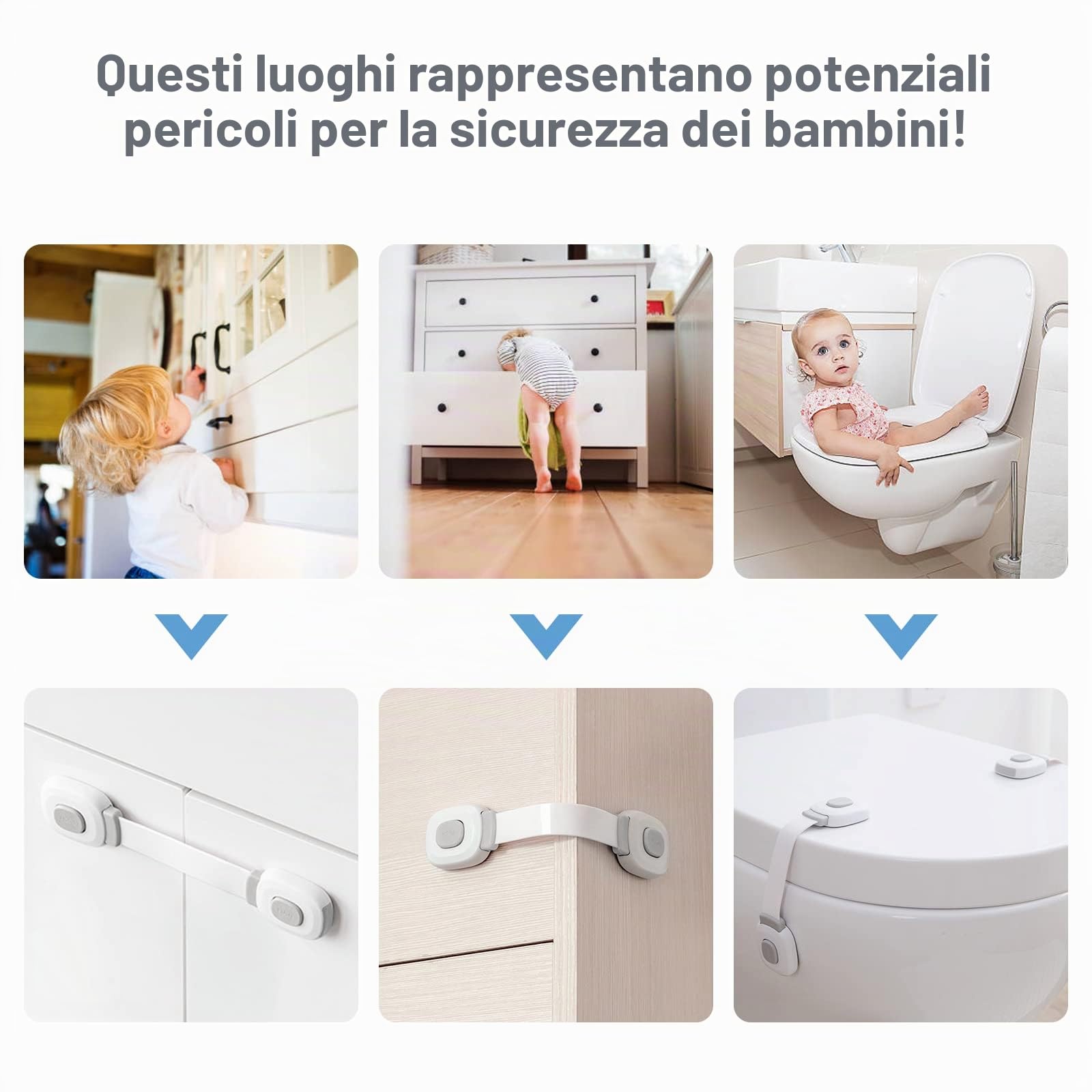 BillyBath Chiusure di Sicurezza per Bambini 6 Pezzi, Blocca Cassetti, Grigio
