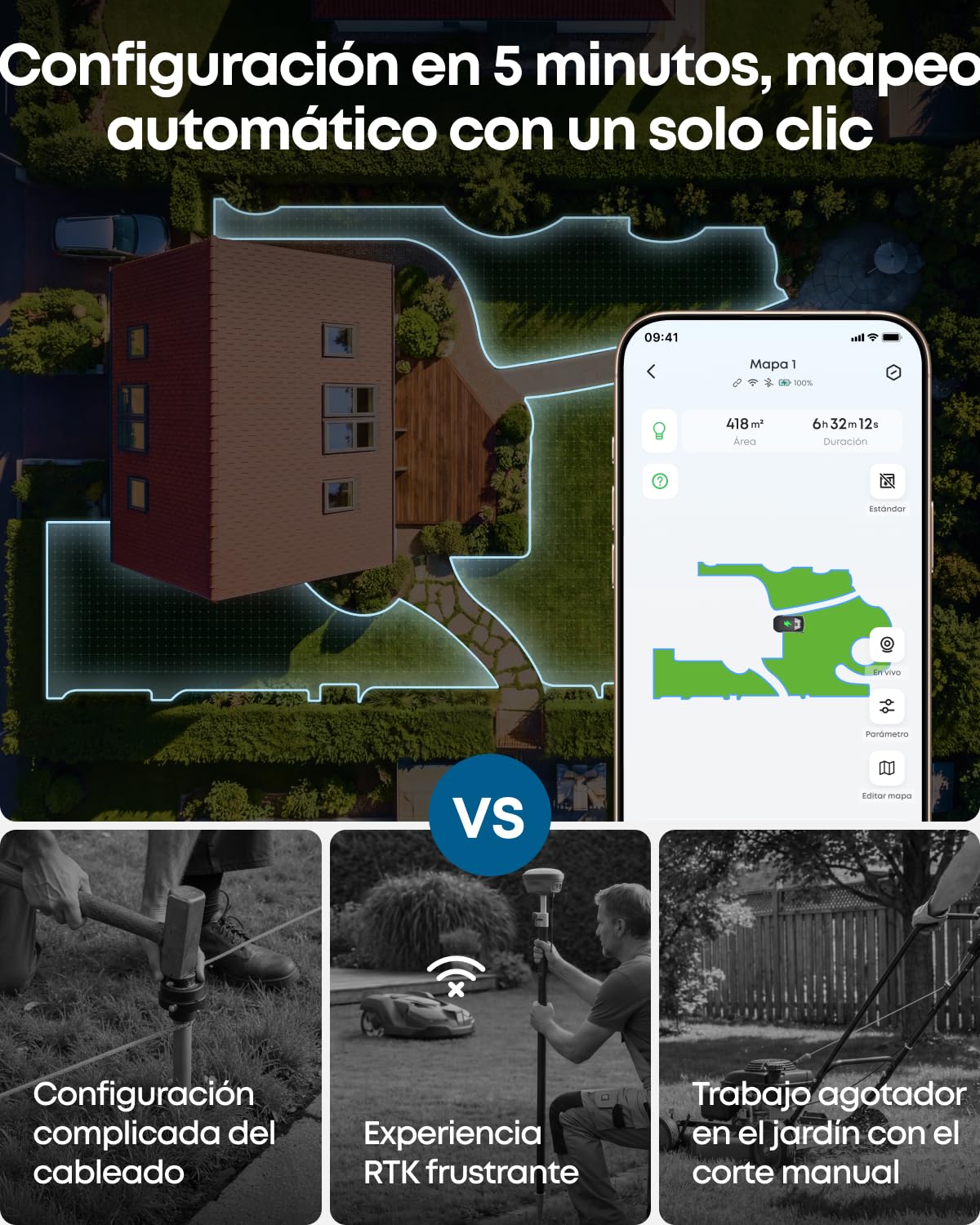 Robot cortacésped Eufy C15 sin Cable delimitador, con Garaje, 500 m², TrueVision, sin RTK, sin Problemas de señal, mapeo automático, protección contra erizos, navegación Inteligente.