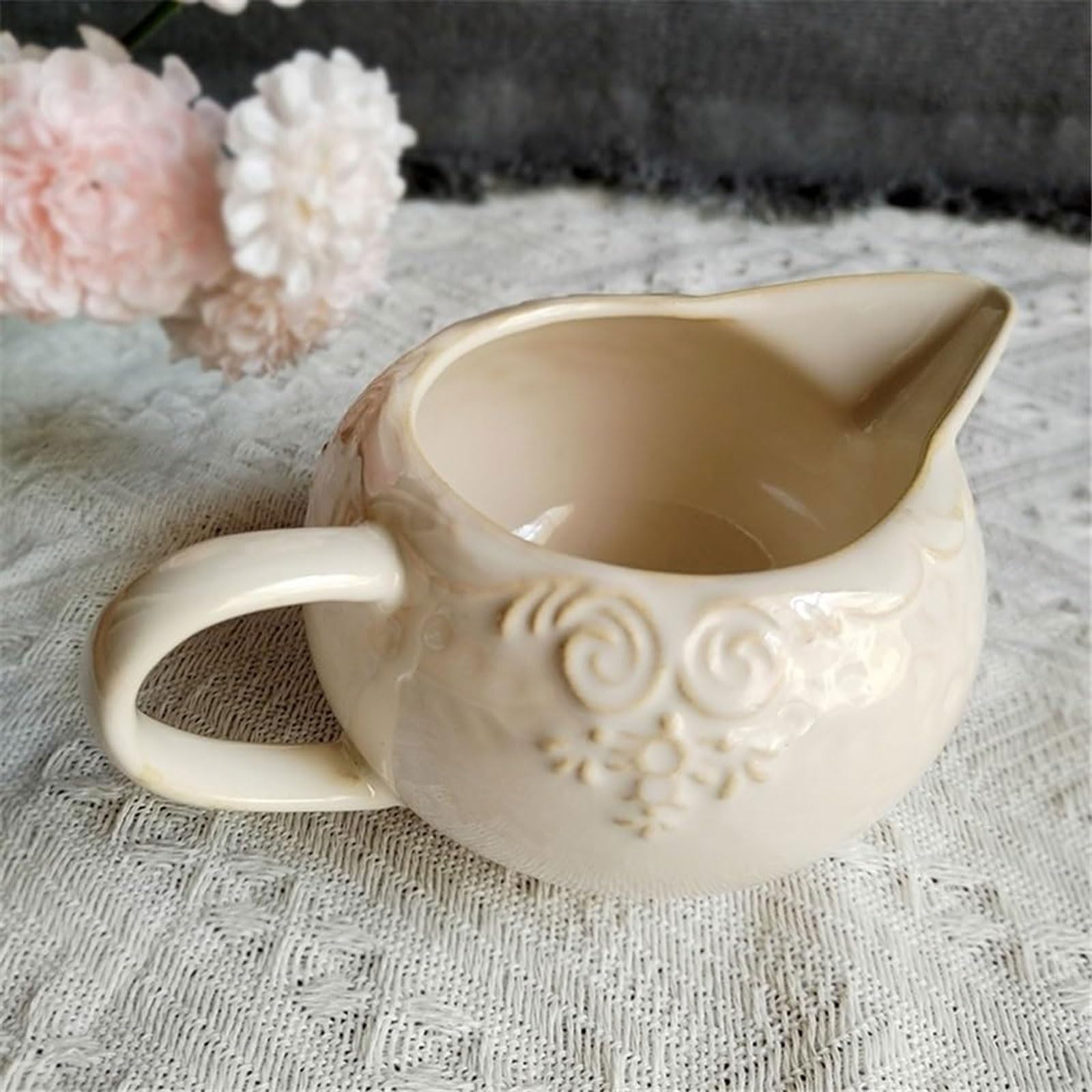 MRKU Pot à Lait, saucière, Tasse à Eau, pichet, crémier, Distributeur de café, sucrier, Pot en céramique rétro européen - 320 ML, Motif Vigne, avec Bec verseur