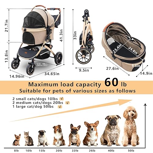 Miniatura 7 de Pettingzoo Cochecito para perros con 4 ruedas, cochecito plegable para gatos pequeños, medianos y grandes, hasta 60 libras, cochecito para mascotas