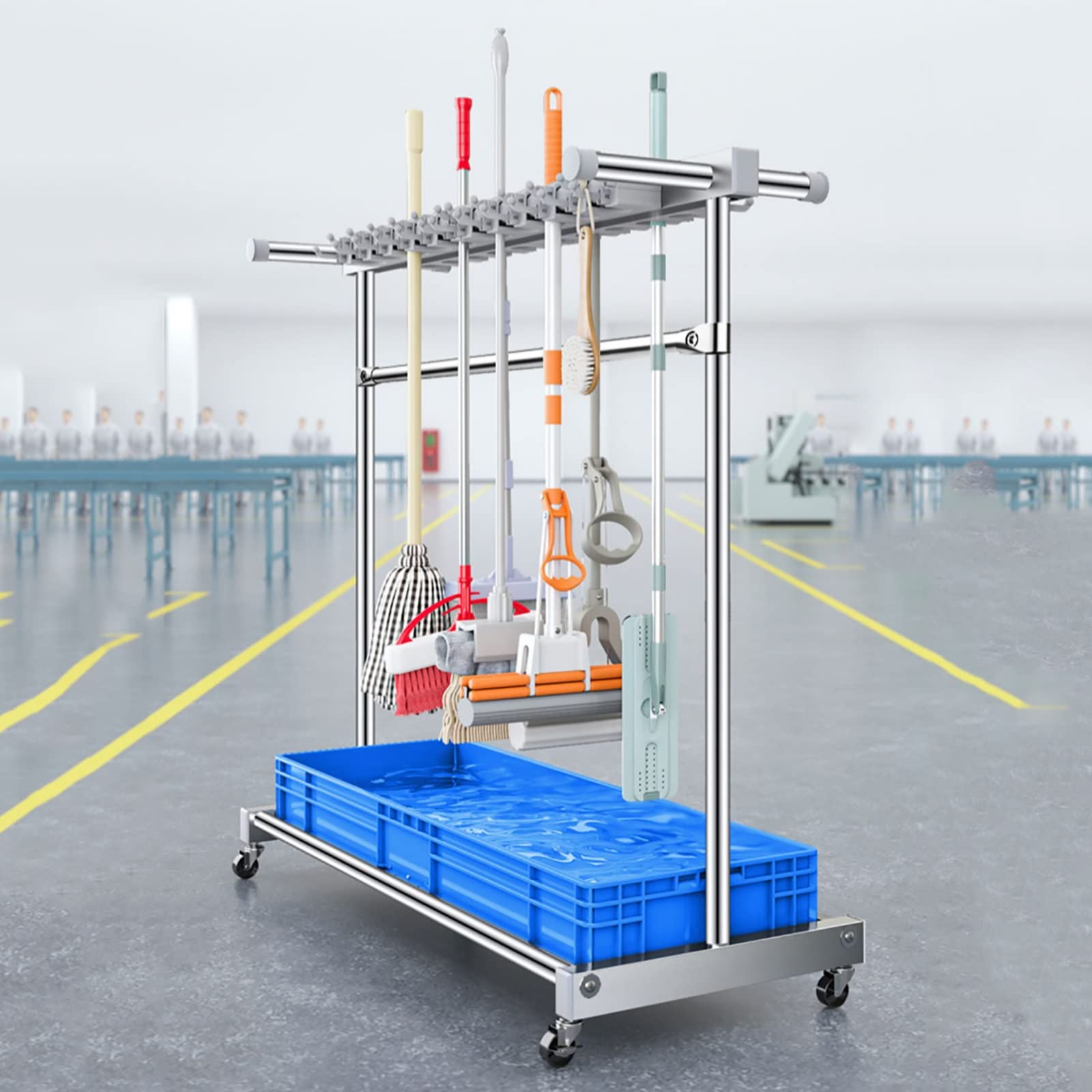 TIANQIHAO Movable Broom Mop Holder, Stainless Steel Cleaning Tool Nizer, Garden Tool Storage Cart, Umbrella Stand, Mop Drain Rack,Blue-20 Slots