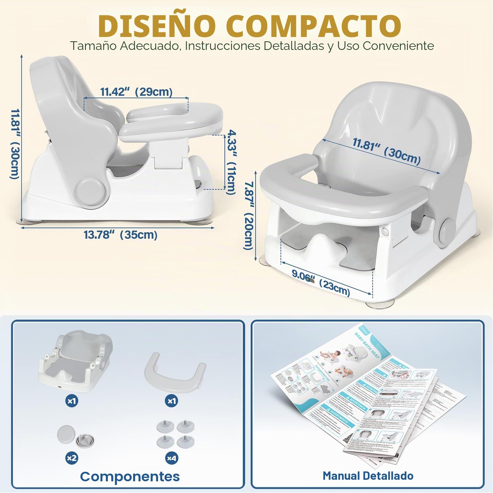 Orzbow Versátil Asiento Bañera Bebe, Estable Silla Bañera Bebe con Respaldo Regulable en Tres Posiciones para 3-24 Meses, Cómodo Asiento Baño con Cojín Antideslizante & Potentes Ventosas, Gris
