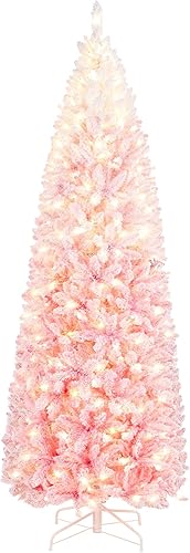 Miniatura 11 de Yaheetech Árbol de Navidad de Abeto Tipo Lápiz Preiluminado con Nieve Artificial de 6 pies con Bisagras, Árbol de Navidad Delgado para Esquina