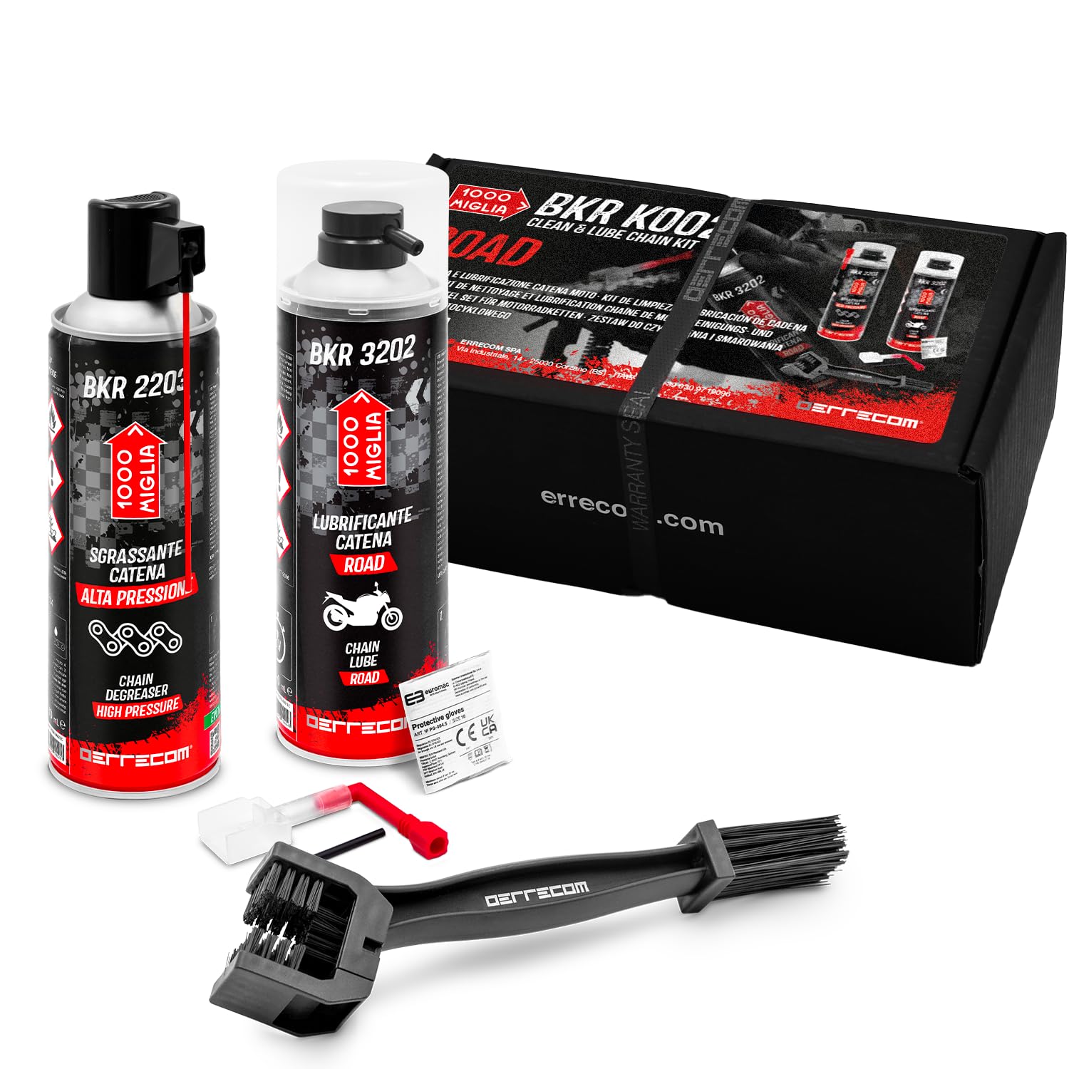 ERRECOM 1000 Miglia Clean&Lube Kit Catena Moto ROAD; include Sgrassante Catena Bombola Alta Pressione 500mL + Lubrificante Catena Moto da Strada 500mL + Huggie System e Prolunga 90° +spazzola+guanti