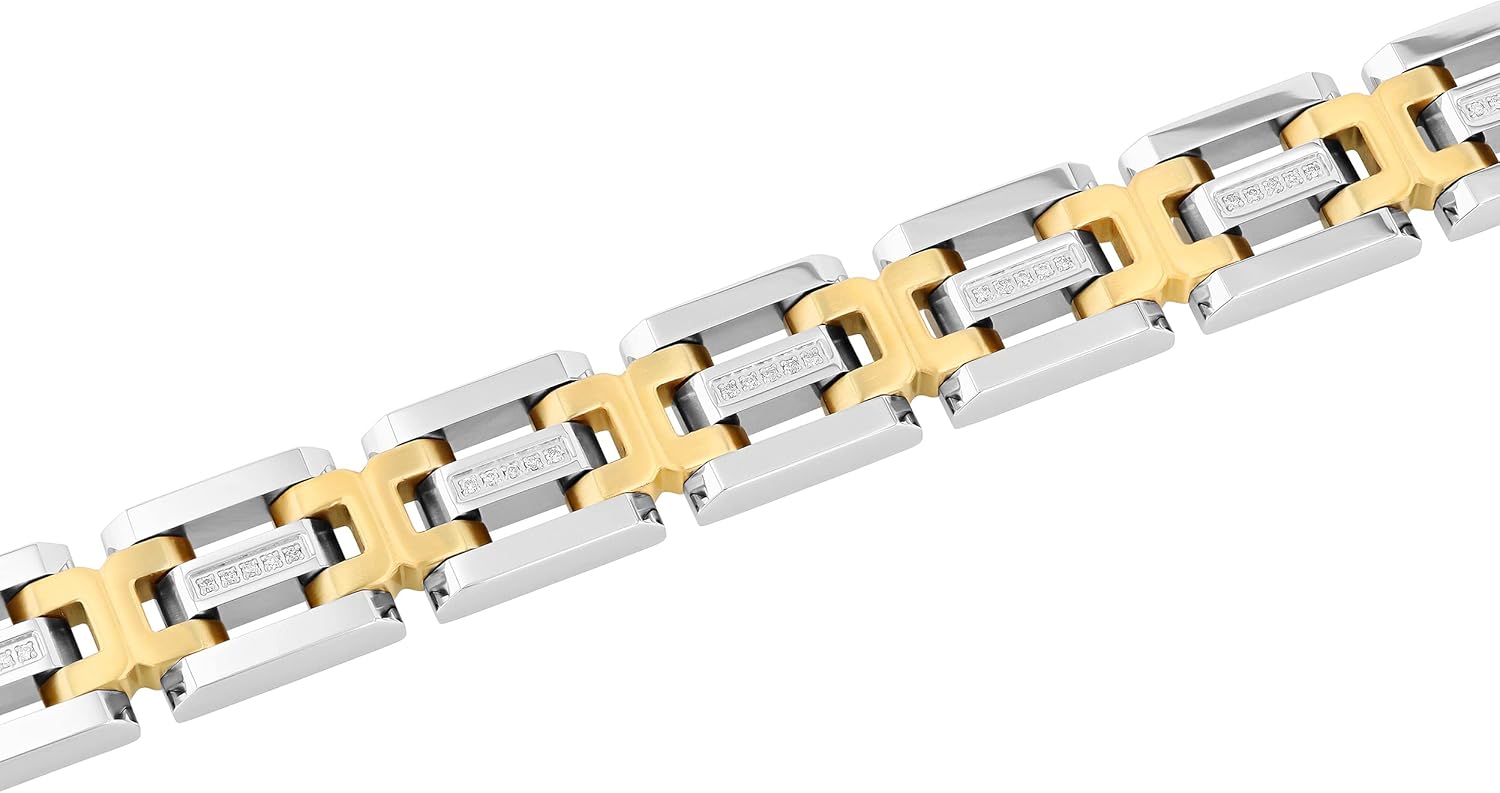 Men's 8.5" Two Tone Diamond Link Bracelet, Gold-Plated Stainless Steel Single Locking Clasp - Image 4
