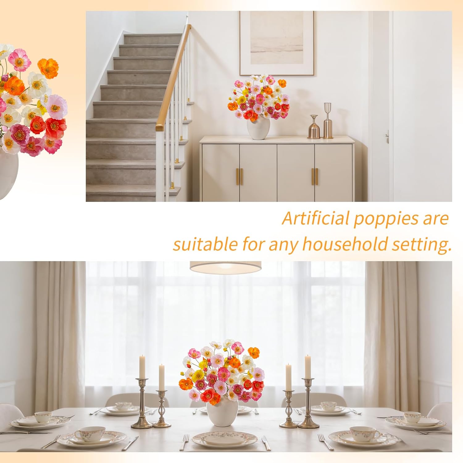 18PCS 54Heads Artificial Poppy Flowers with Stems, Silk Iceland Poppies Fake Flowers, Faux Poppy Bouquet for Wedding Table Office Party Floral Display Home Decor (White+Yellow+Orange+Purple)