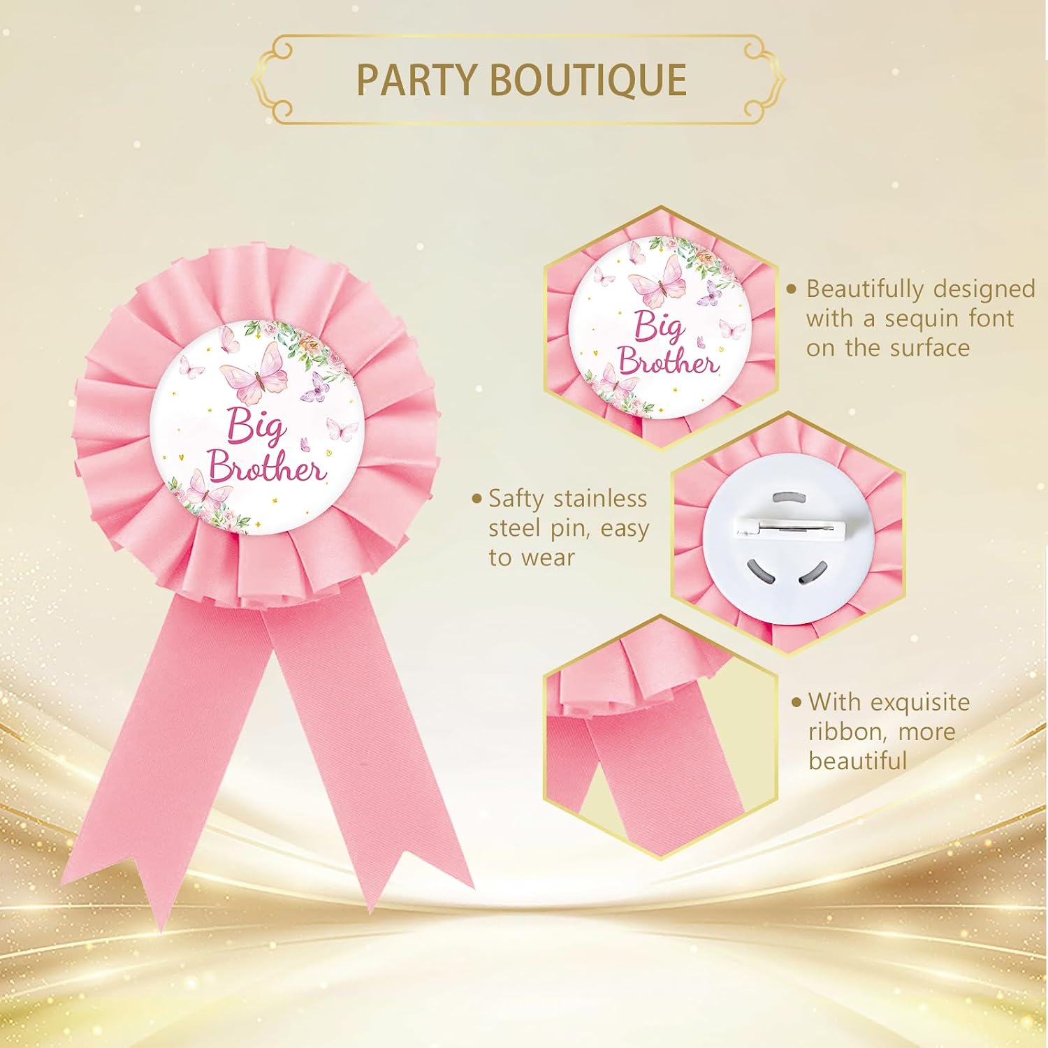 Butterfly Big Brother Badge Pin, Florals Happy Birthday Boy Button Pin, Pink Rosette Brother to Be Button for Boy, Little Butterfly Themed Birthday Party Supplies