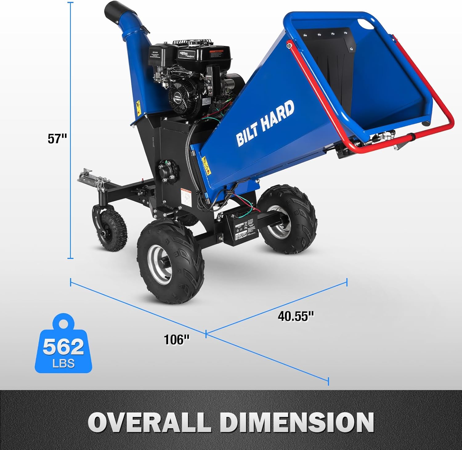BILT HARD 6 Inch 420cc 15HP E-Start Gas Powered Drum Wood Chipper, 4-Wheels Towable Leaf Branch Shredder Mulcher with Tow Bar, Emergency Stop Bar