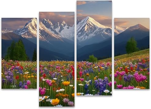 4Pcs Canvas Wall Art Framed Wall Art for Living Room Colorful Wildflower Meadow Snow Capped Mountain Sunset Scenic Modern Wall Decor Prints Pictures on Artworks Home Decor