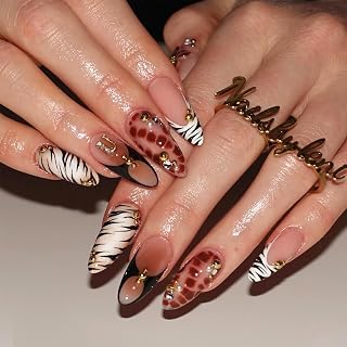 Animal Print French Press on Nails Medium Almond Fake Nails Zebra Stripes False Nails with 3D Gems Design Full Cover Artificial Glue on Nails Pearl Gold Bead Stick on Nail for Women 24Pcs
