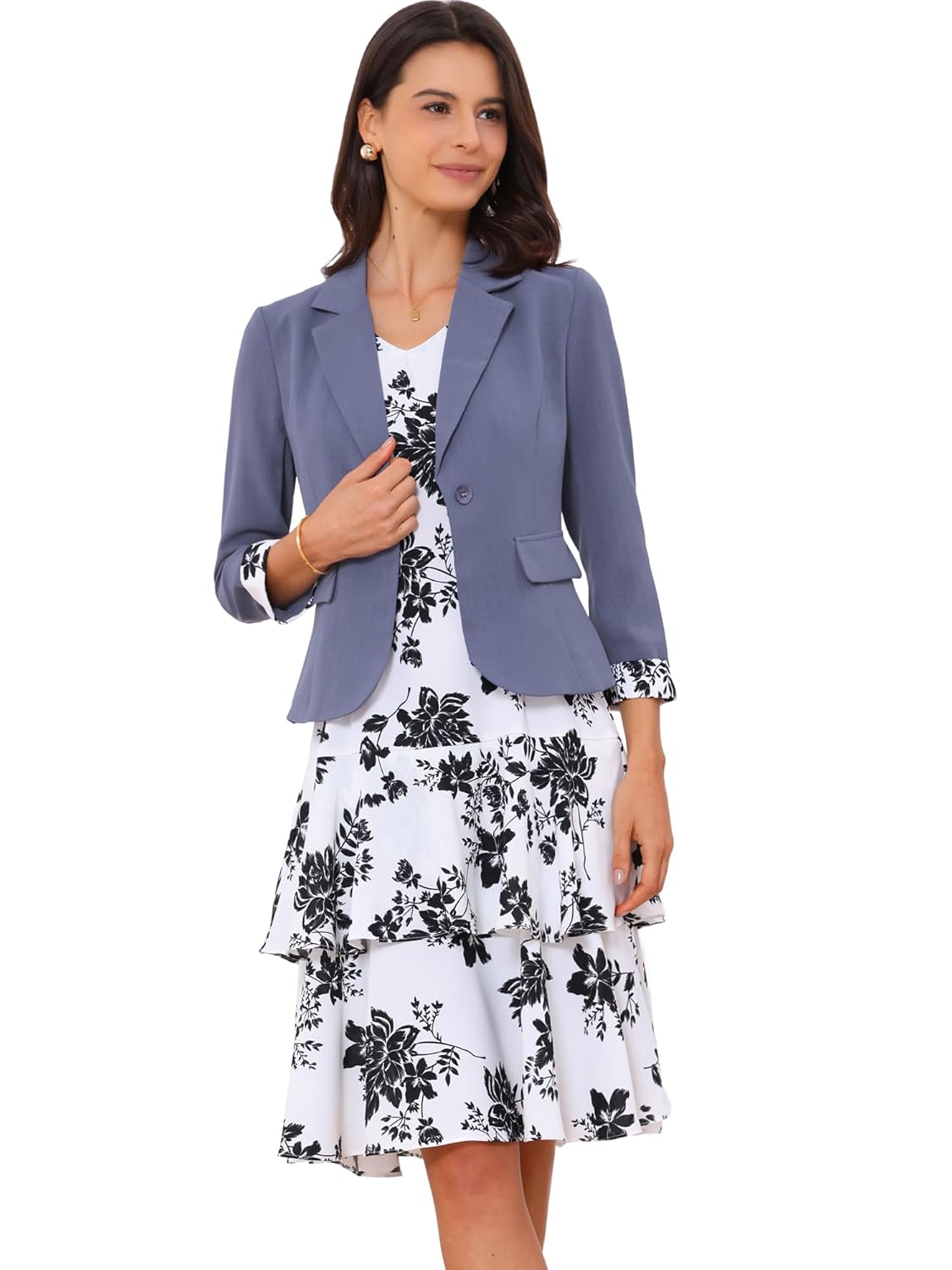 Allegra K Womens Dress Suit Sets 2 Pcs Chiffon V Neck Floral Print Contrast Panel Work Jacket Dresses