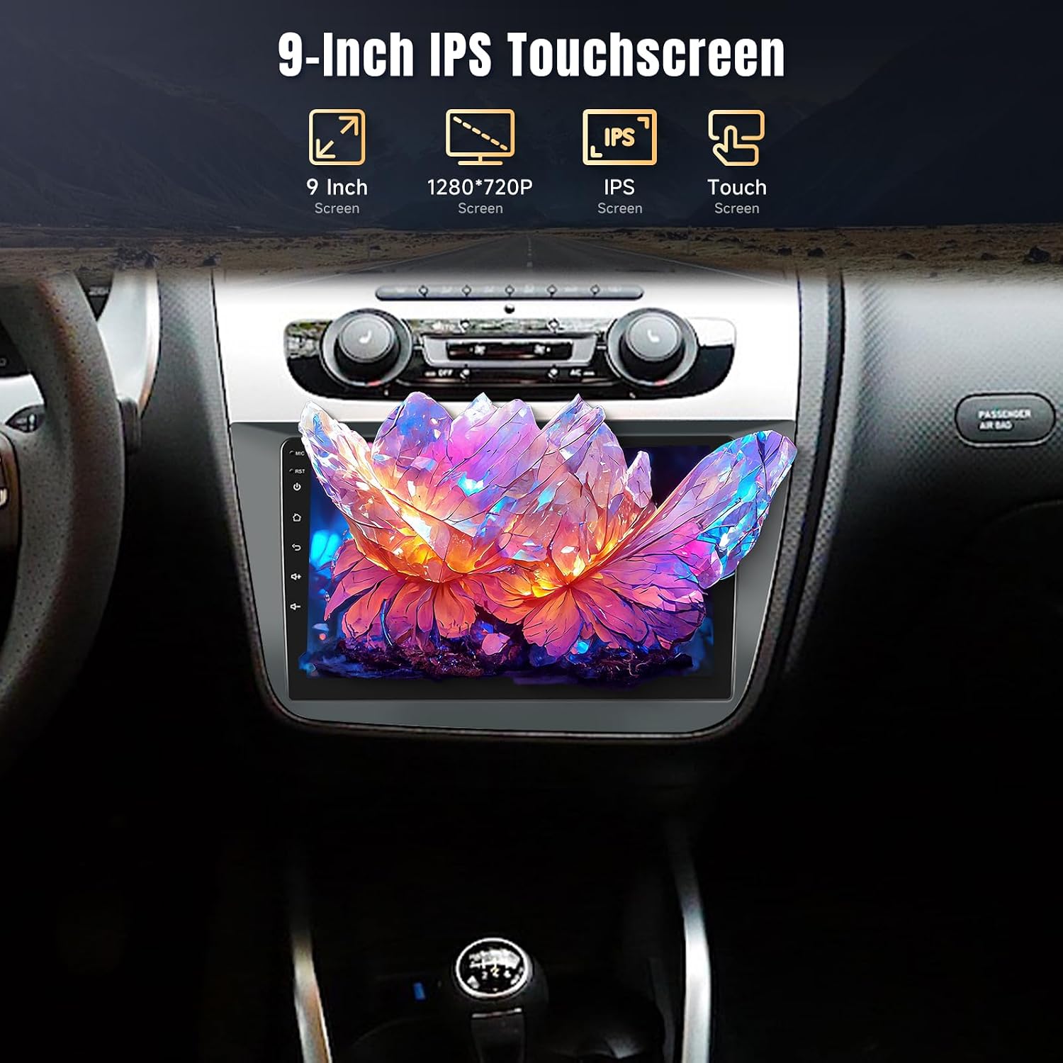 A close-up of the 9-inch IPS touchscreen display of the Podofo Autoradio, showing vibrant colors and a clear interface.