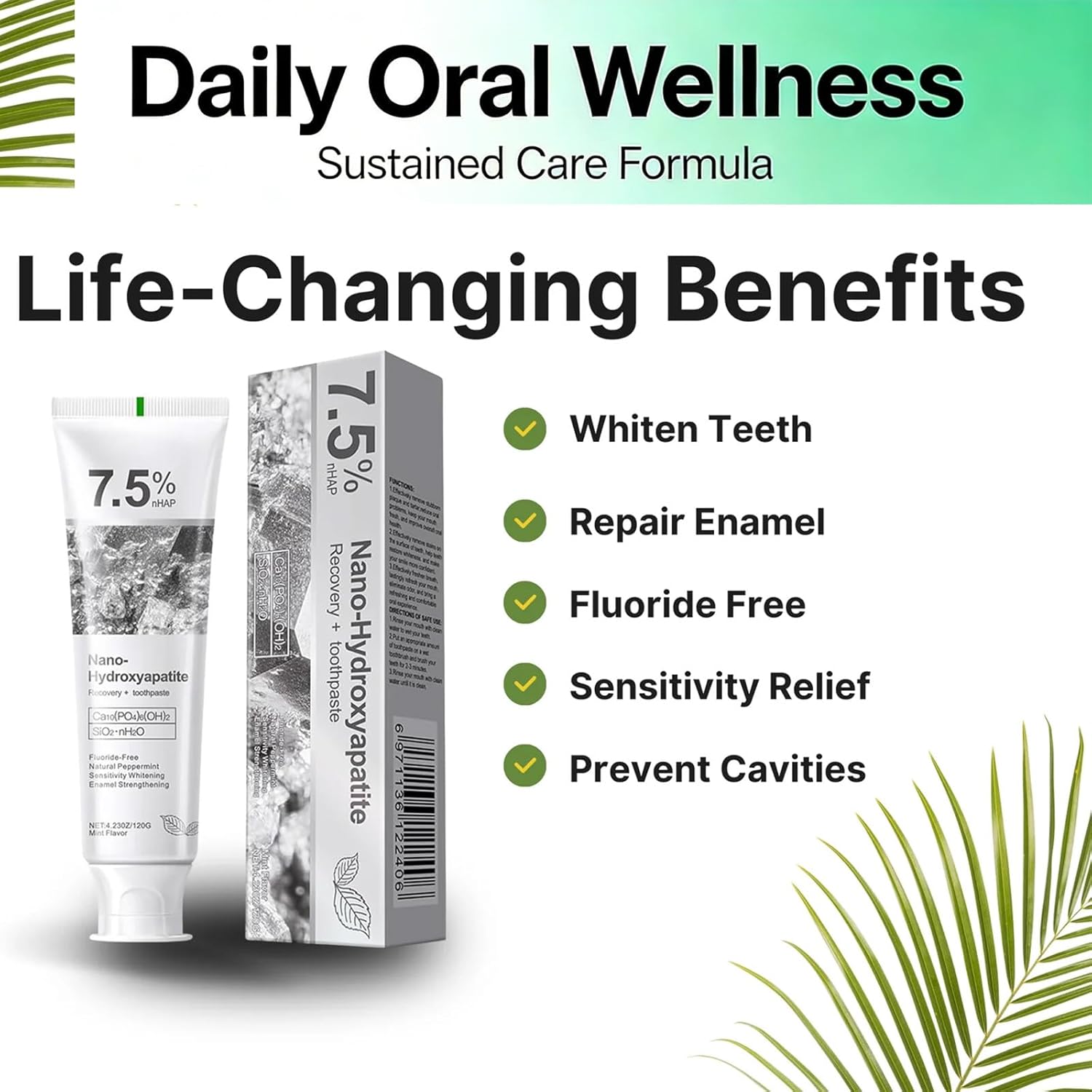 Hydroxyapatite Toothpaste, 7.5% Nano Deep Cleaning Toothpaste for Advanced Enamel Protection, Sensitive Relief Fluoride Free Effective Toothpastes, with Fresh Mint (4.2 Fl Oz (Pack of 3))