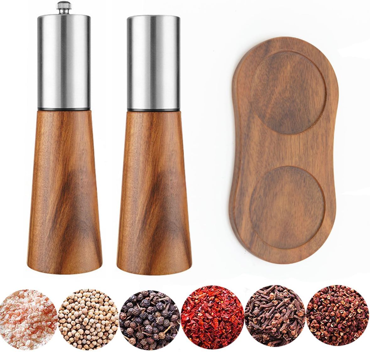 Wooden Salt Shaker and Pepper Grinder with Tray, 7 inch Wood Salt and Pepper Grinder,Manual Salt Shaker & Pepper Mill Ceramic Grinding Core, Adjustable Pepper Mill for Kitchen Home Cooks (Silver)