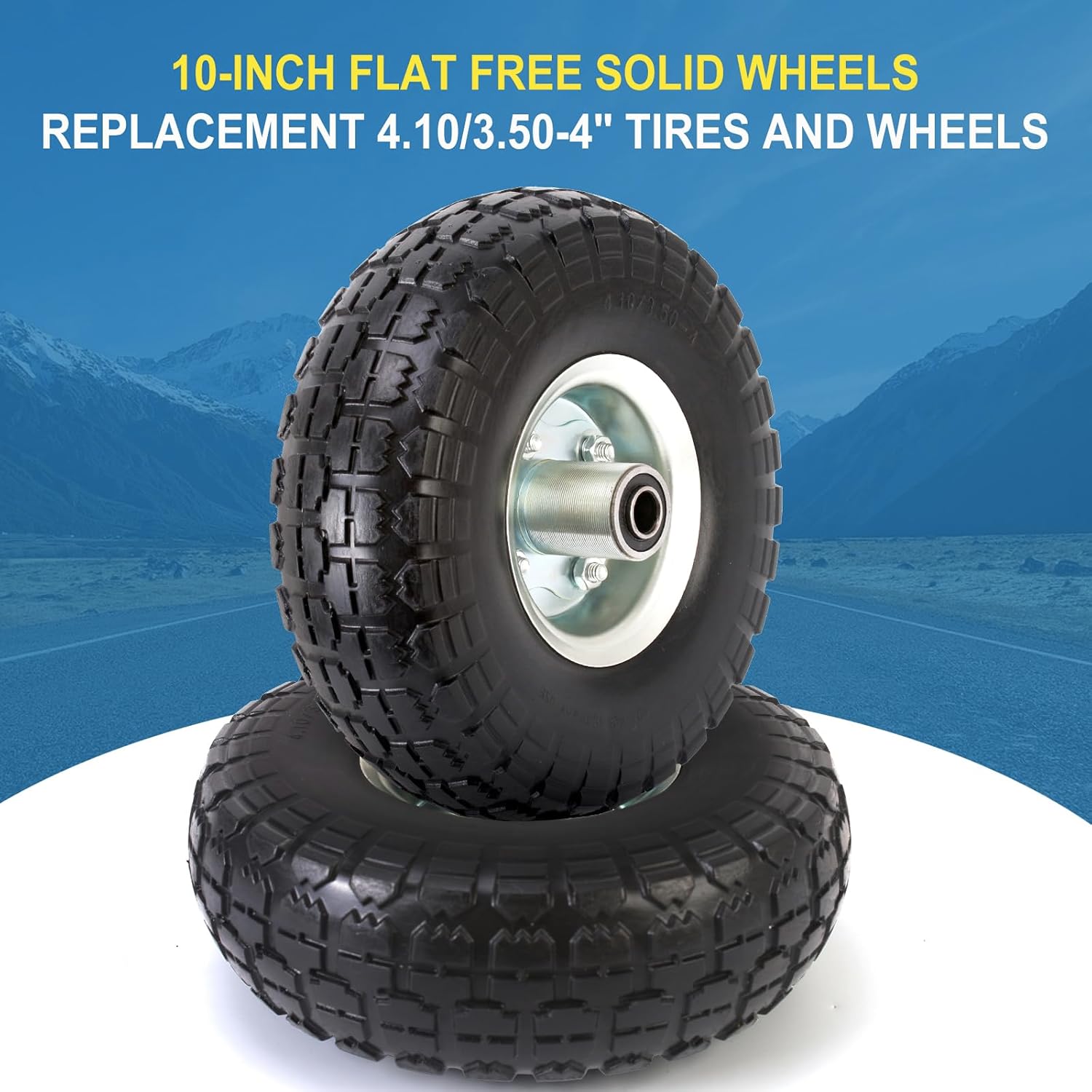 (2 Pack) 10 Inch Solid Polyurethane Tire 4.10/3.50-4 Tire, 10" Flat Free Wheels with 5/8" Bearings, 2.2" Offset Hub for Garden Cart, Hand Truck, Lawn Cart, Mower