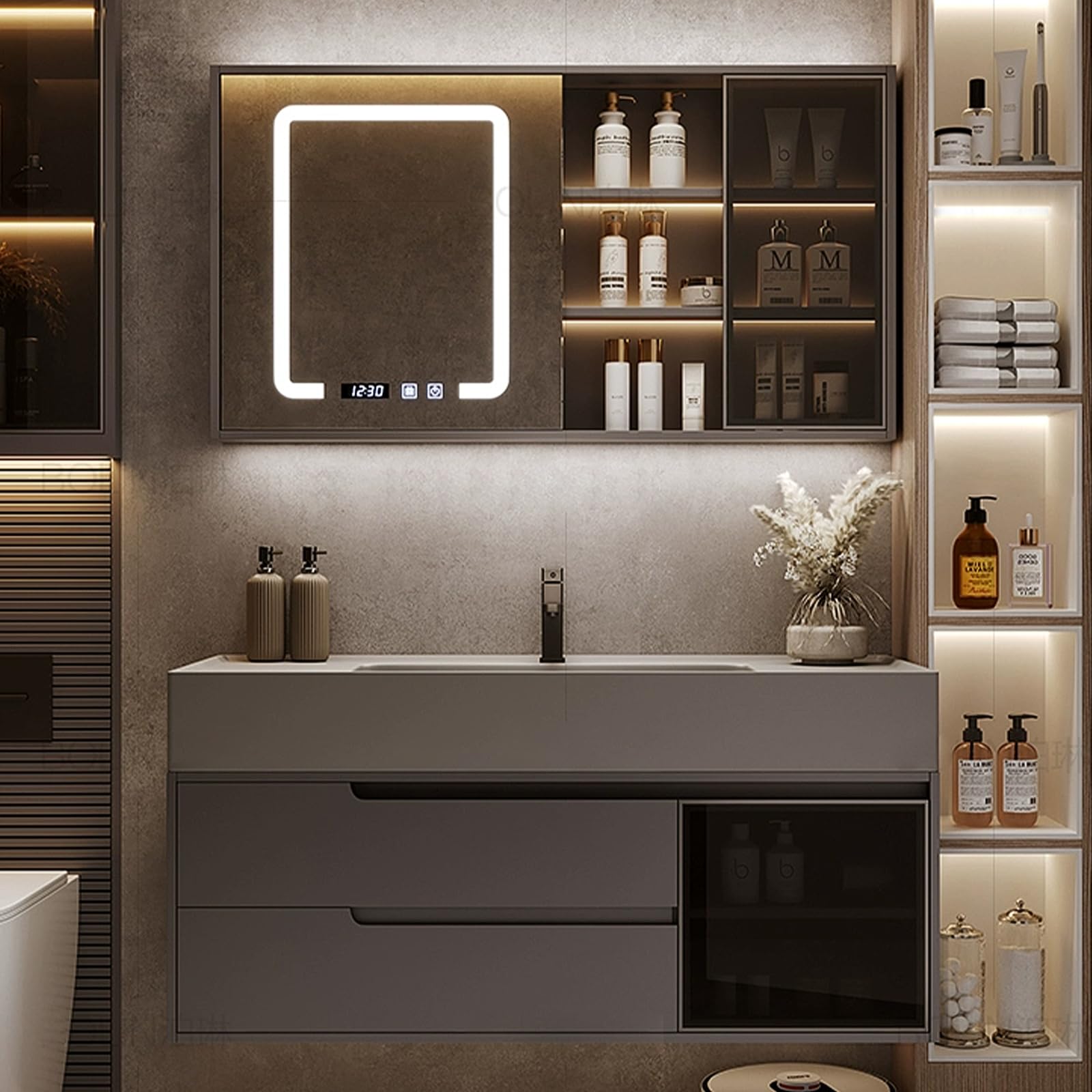 DFGHNBVC 48" Bathroom Vanity Set With Countertop Sink Combo Intelligent Demisting Mirror Cabinet Smart Led Lighting Aluminum Frame