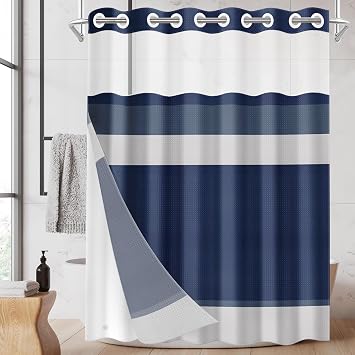 No Hook Shower Curtain with Snap in Liner Set, 71x74 Inch Nautical