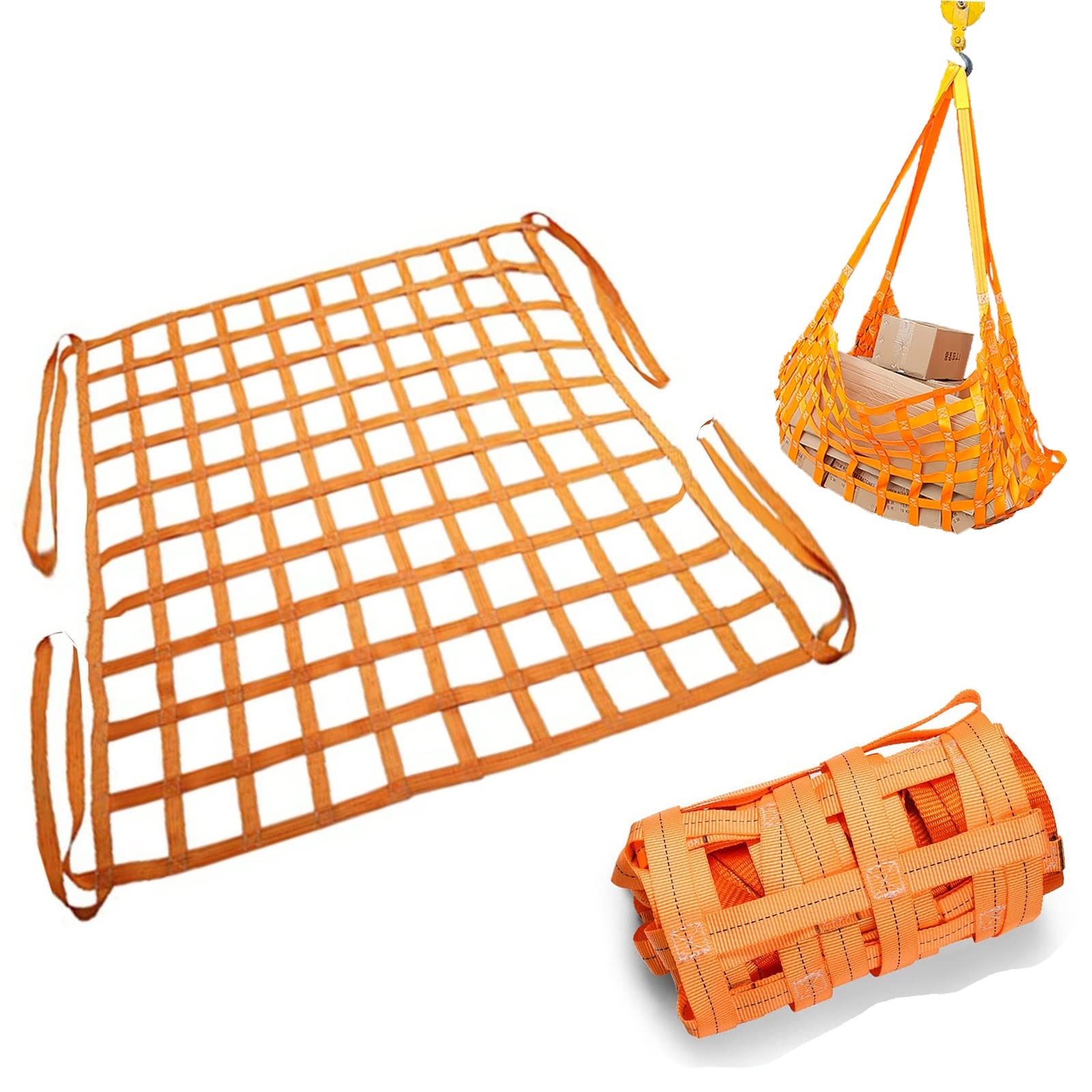 Filet De Levage 1x1m Charge 300kg - Polyester Orange, Sangles Aux Coins, Pour Transport, Chantier, Remorque