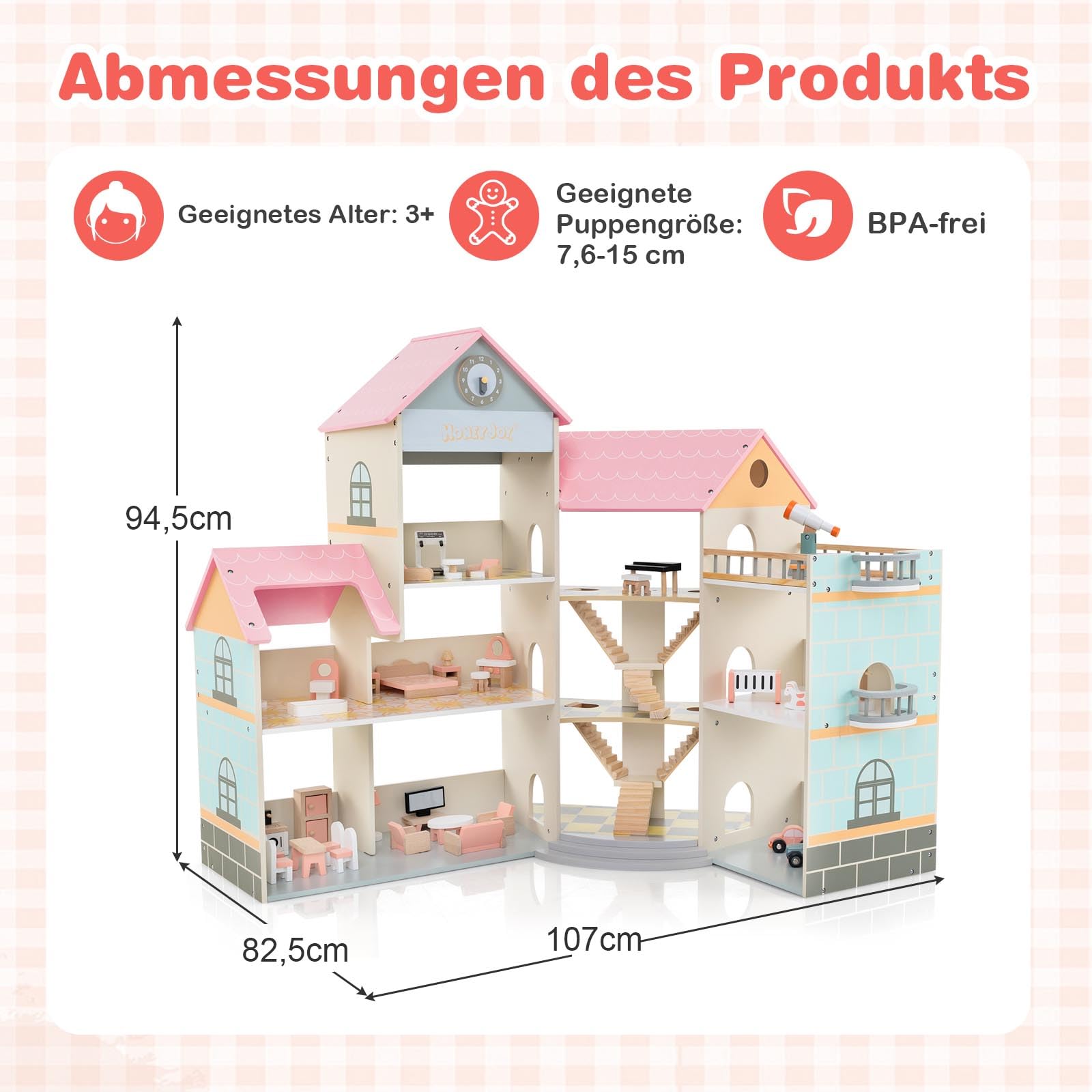 DREAMADE Puppenhaus aus Holz, 3 Etagen & Großes Dollhouse mit 7 Räumen & 36/42 Möbelzubehörteilen, Puppenhaus für Kinder ab 3 Jahre (Rosa,107x94,5cm)