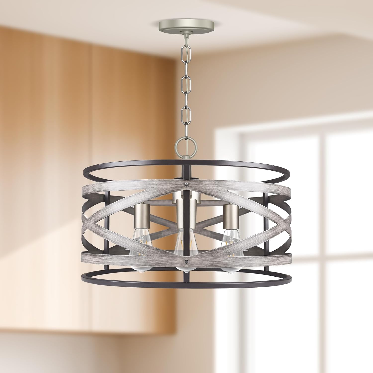 3-Light Farmhouse Drum Pendant Light,Vintage Drum Pendant Dining Table Lamp,18.7" Rustic Drum Chandelier Hanging Light for Kitchen Foyer Entryway Bedroom