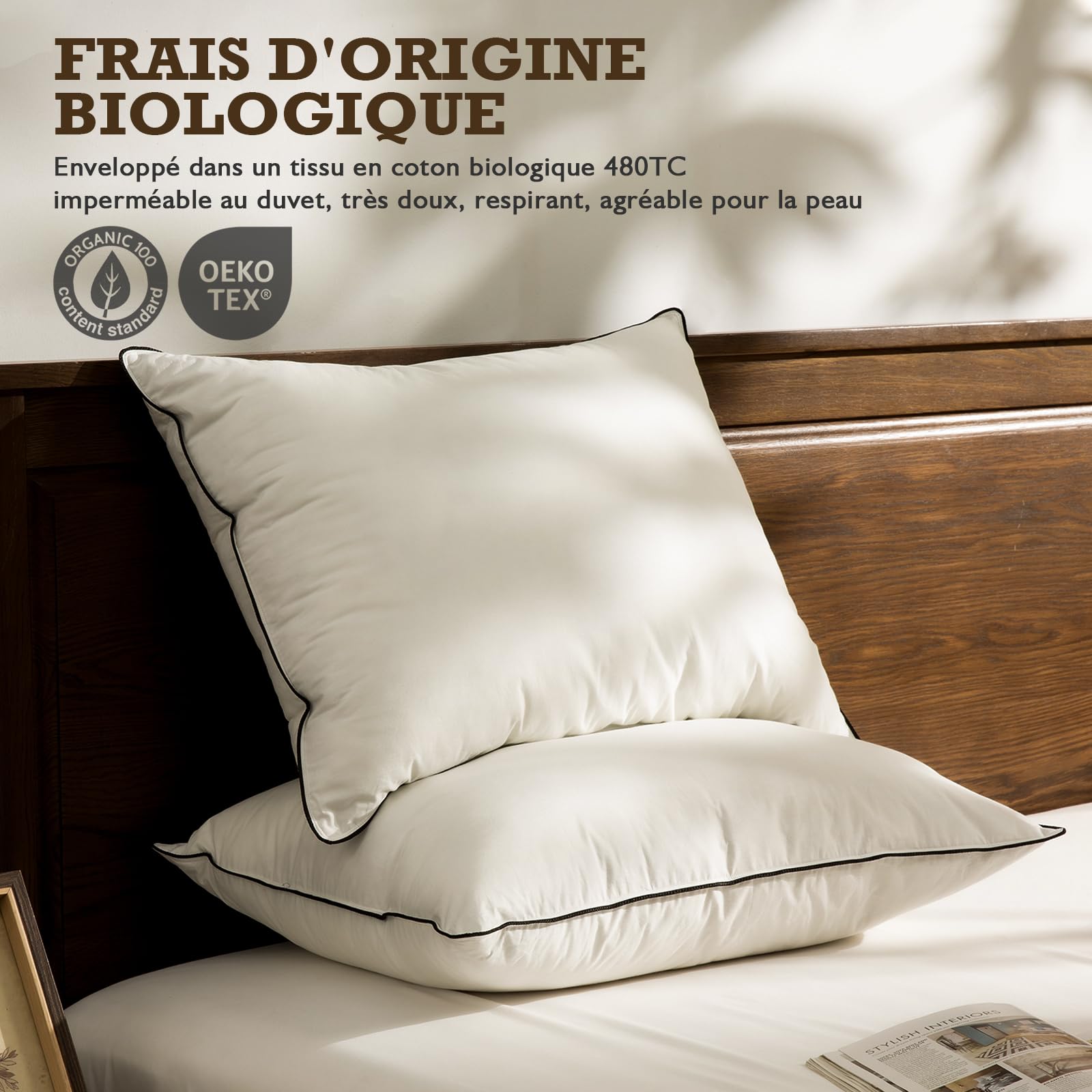 BPC Duvet de Plumes Bio Oreiller 60x60 Lot de 2, Oreiller d'hôtel Luxueux à 3 Chambres, Oreiller 60x60 cm Duvet avec Housse 100% Coton et garnissage en Plumes d'oie, Blanc