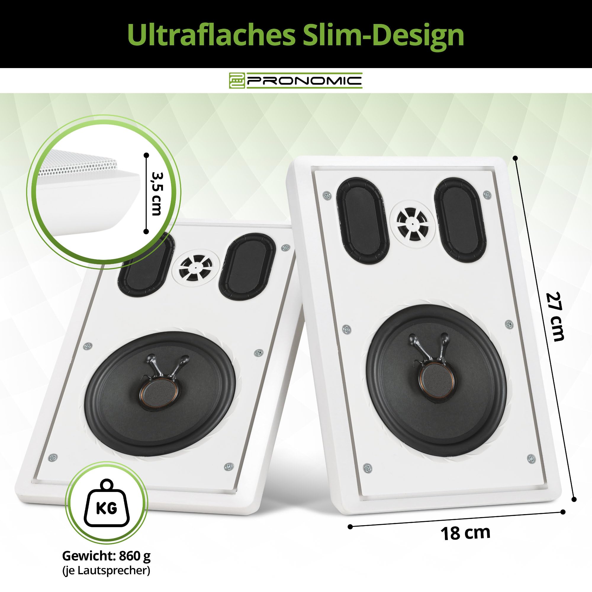 Pronomic FLS-540E WH Set Diffusori Flatpanel da Parete (2 Coppie HiFi Flat Speaker, Cassa 2 Vie, Woofer 5,25"/133mm, Tweeter 1,2"/30mm, 30/60 Watt (RMS/Peak), Connessione a morsetti) bianco