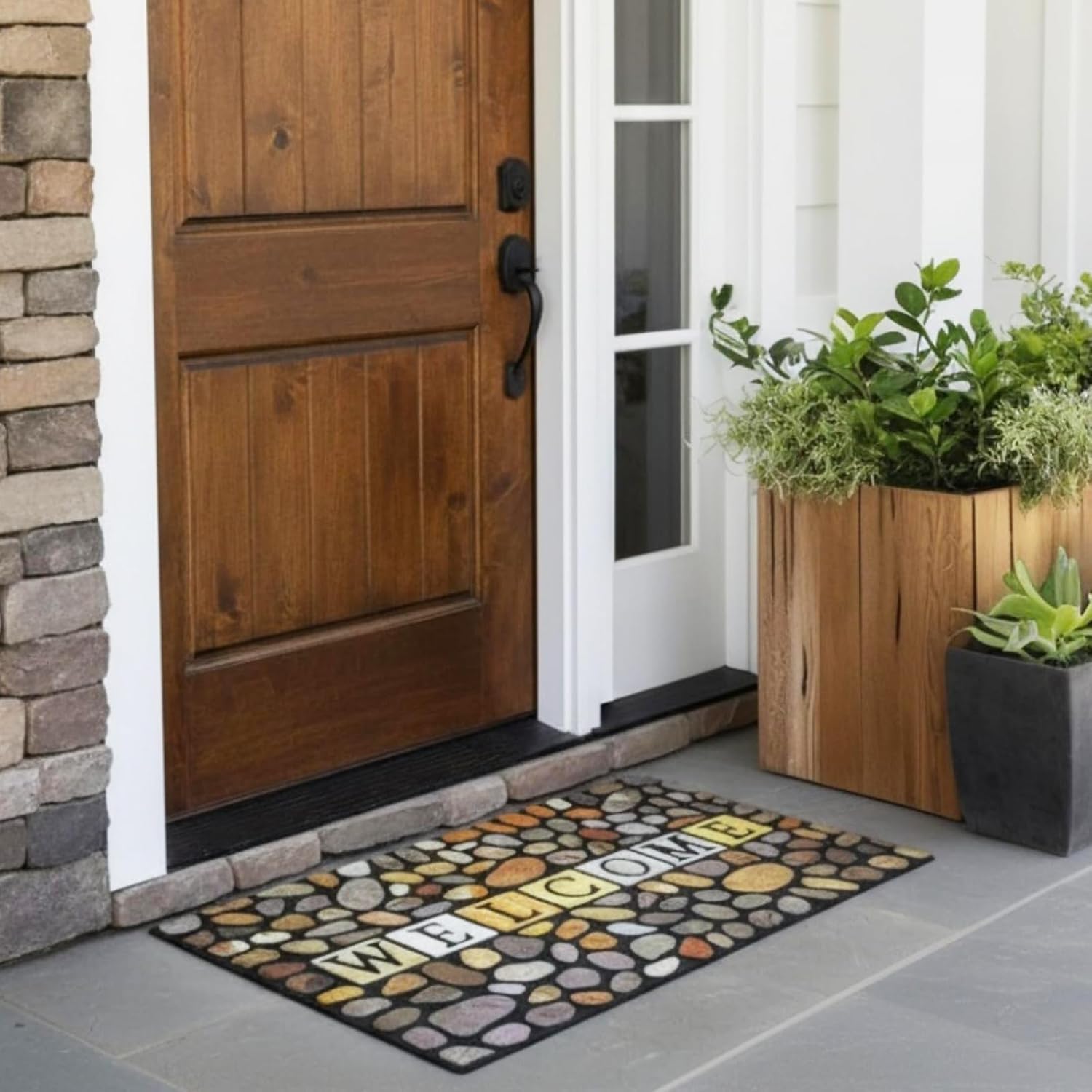 CHICHIC Heavy Duty Door Mat Outside Entrance 18x 30 inch Non Slip Rubber Back Welcome Mat Outdoors, Traps Dirt & Mud Doormat, Low Profile Entry Way Rugs for Front Door, Porch, Garage, Orange Gray