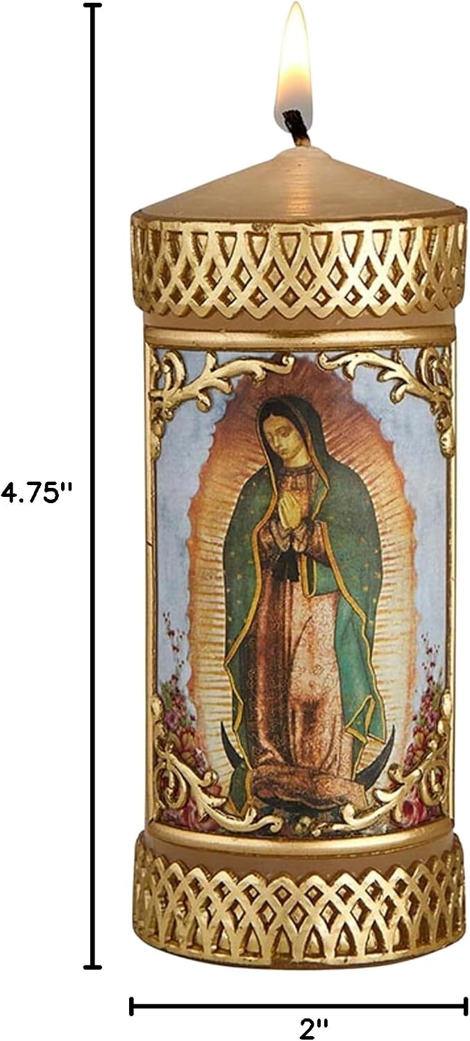 Needzo Small Our Lady of Guadalupe Devotional Candle with Gold Toned Wax Details, 4 ¾ Inches