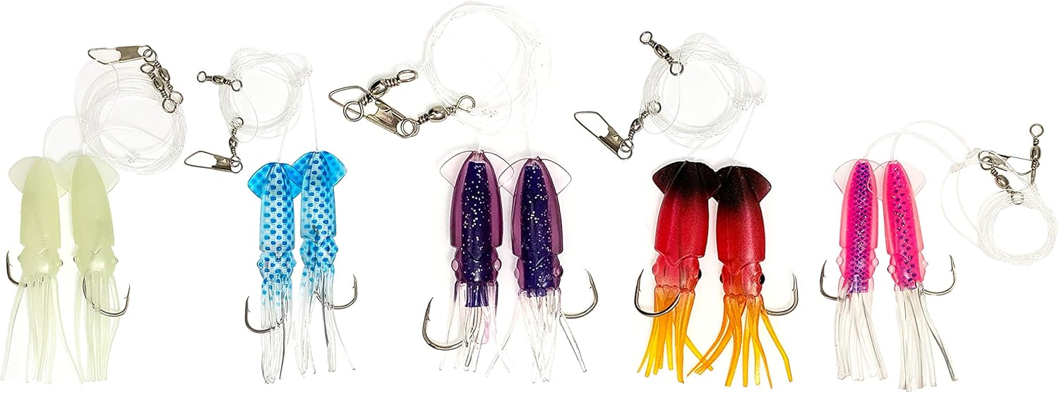 Ling Cod Squid Rigs, Saltwater Fishing Lures, 15 Sets in 5 Colors, Rigged with Hooks, for Bottom Fishing & Deep Drop, Includes Storage Bag, Ideal for Lingcod, Halibut, Rockfish & Big Game Fish